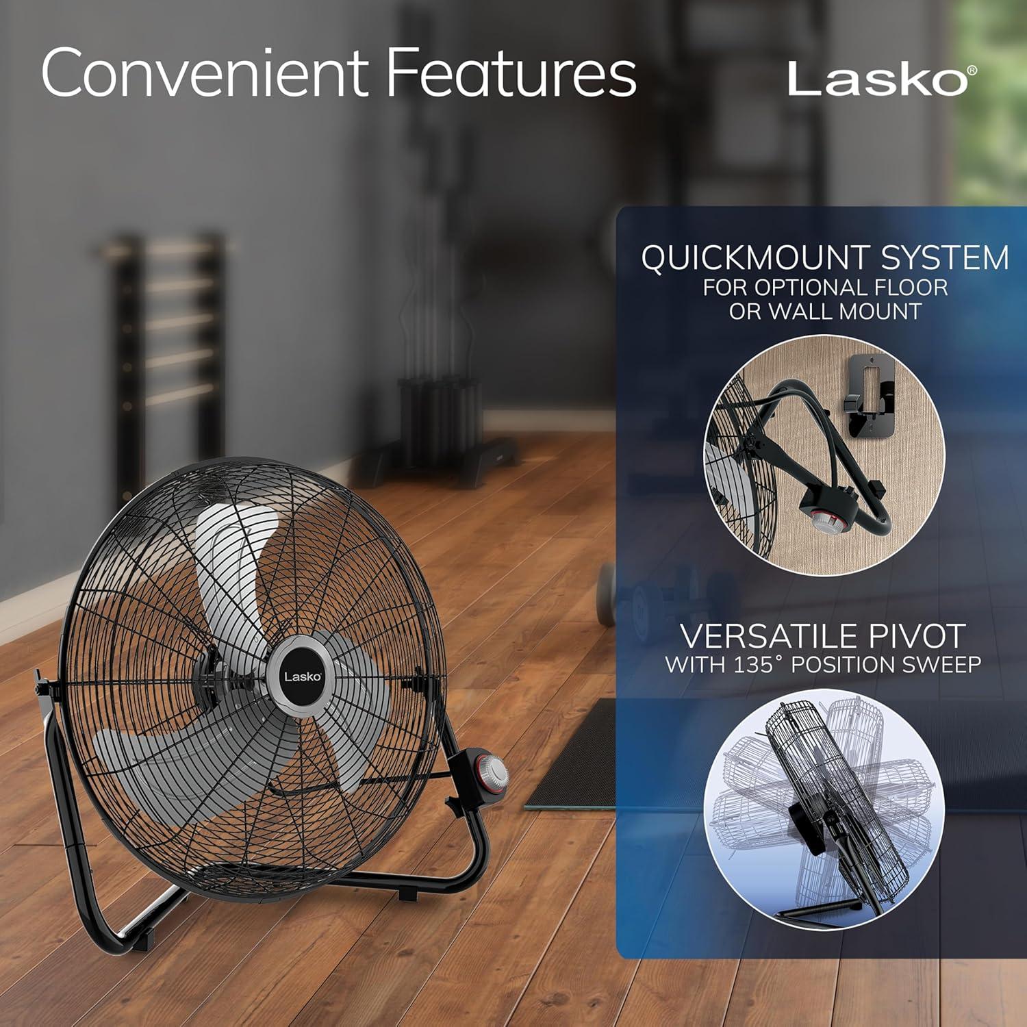 image:imageLasko 20 Silver High Velocity Wall Mount Fan with Pivoting Head 3 Speeds Ideal Wall Mount Fan or Floor Fan for Home Garage Attic 2265QMBlack Silver