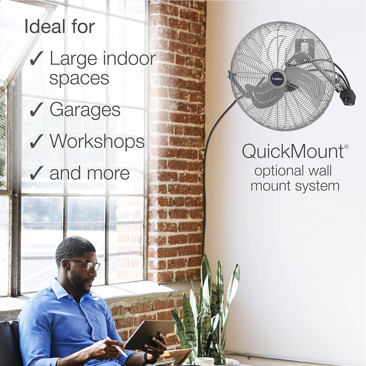 image:imageLasko 20 Silver High Velocity Wall Mount Fan with Pivoting Head 3 Speeds Ideal Wall Mount Fan or Floor Fan for Home Garage Attic 2265QMSilver 2265qm