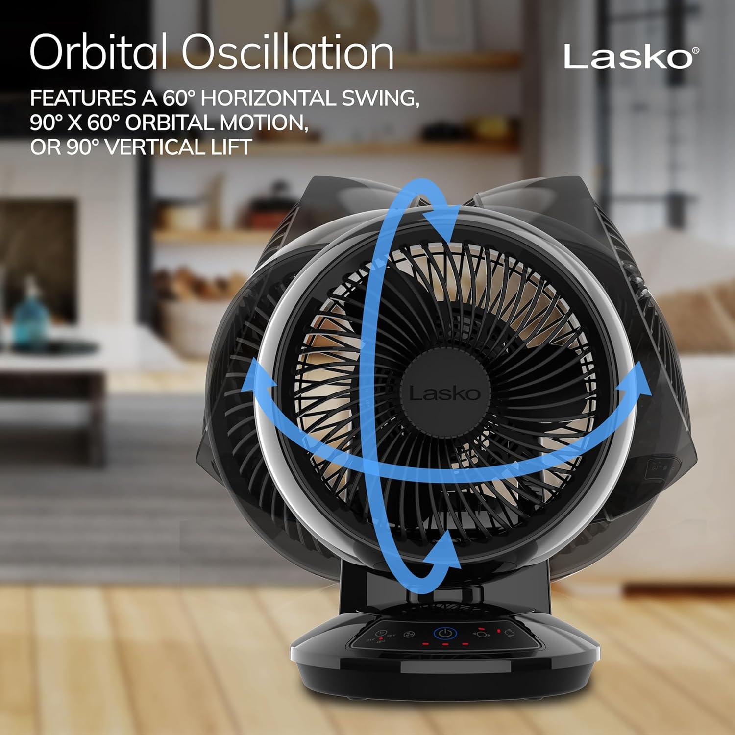 image:imageLasko Air Circulator Fan Whirlwind Orbital Motion Table Fan 3 Speeds Timer Dark Mode Remote Control Small Room Fan Black A12558