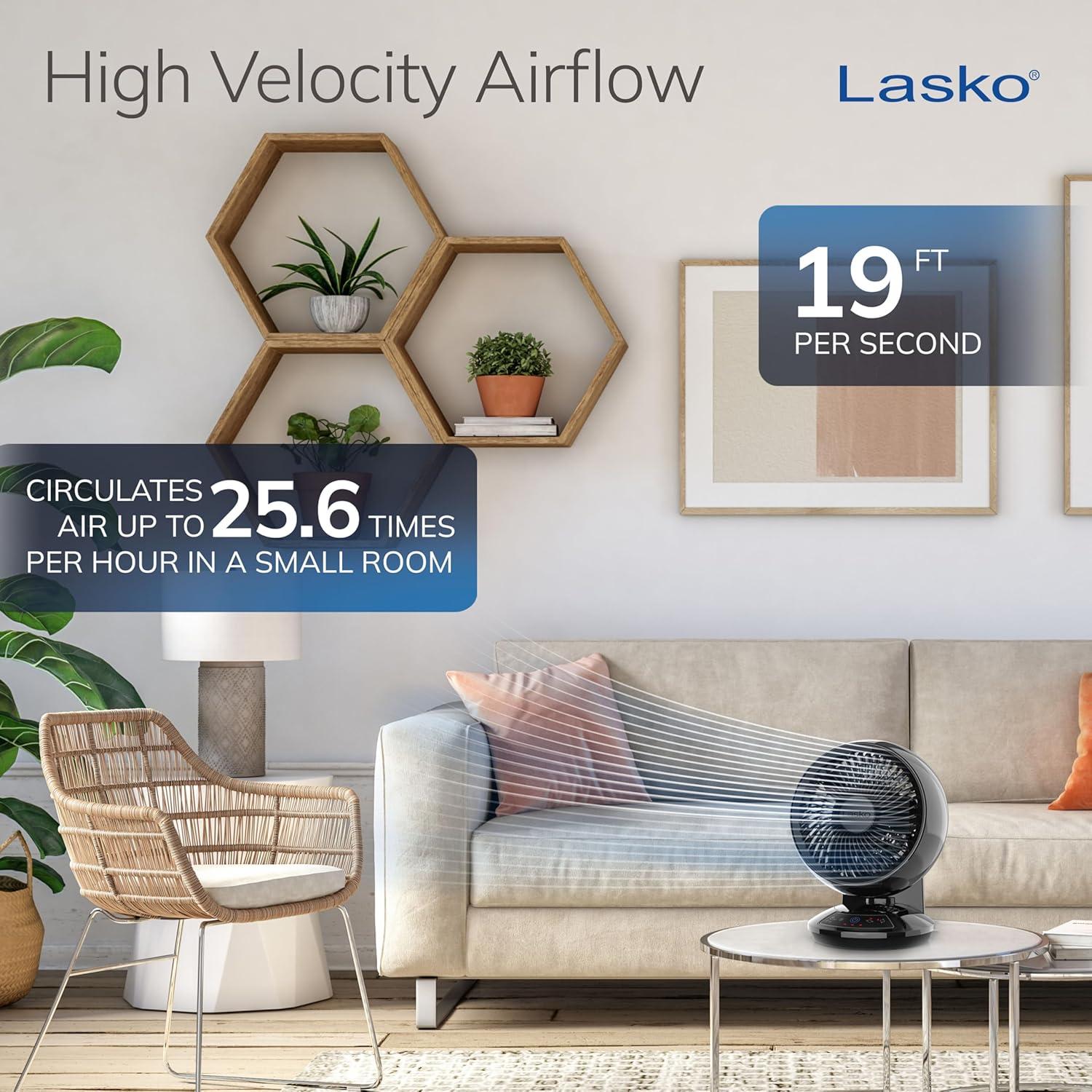 image:imageLasko Air Circulator Fan Whirlwind Orbital Motion Table Fan 3 Speeds Timer Dark Mode Remote Control Small Room Fan Black A12558