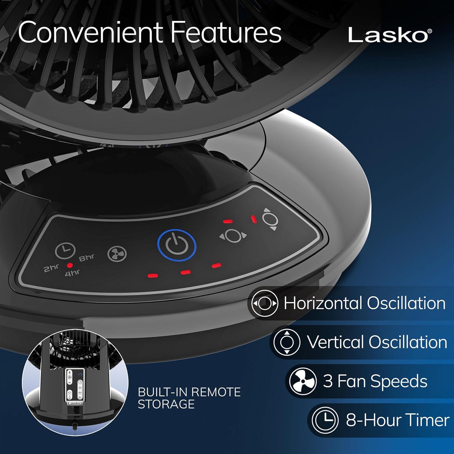 image:imageLasko Air Circulator Fan Whirlwind Orbital Motion Table Fan 3 Speeds Timer Dark Mode Remote Control Small Room Fan Black A12558