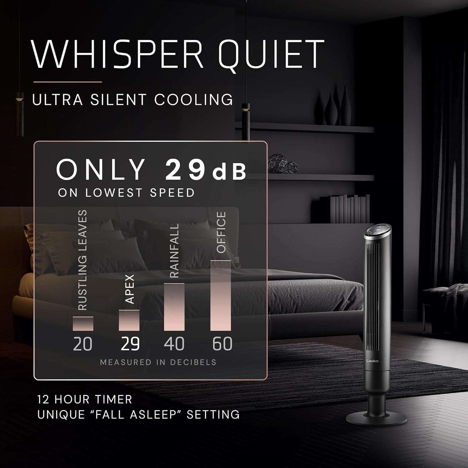 image:imageLasko Apex Tower Fans Oscillating Quiet 42 29 fts Airflow 28 dB 90 Oscillation 12H Timer Air Filter for Hair amp Dust Remote Black Floor Fans for Home Bedroom RST200