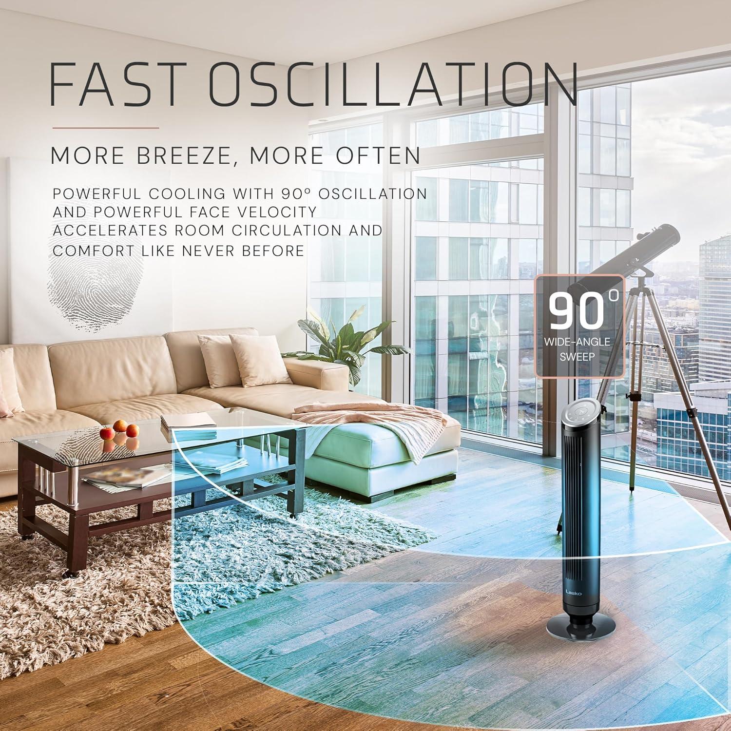 image:imageLasko Ascend Tower Fan with Remote 36 Floor Fans for Home Bedroom 29 fts Airflow 90 Oscillation Air Filter Black OST100