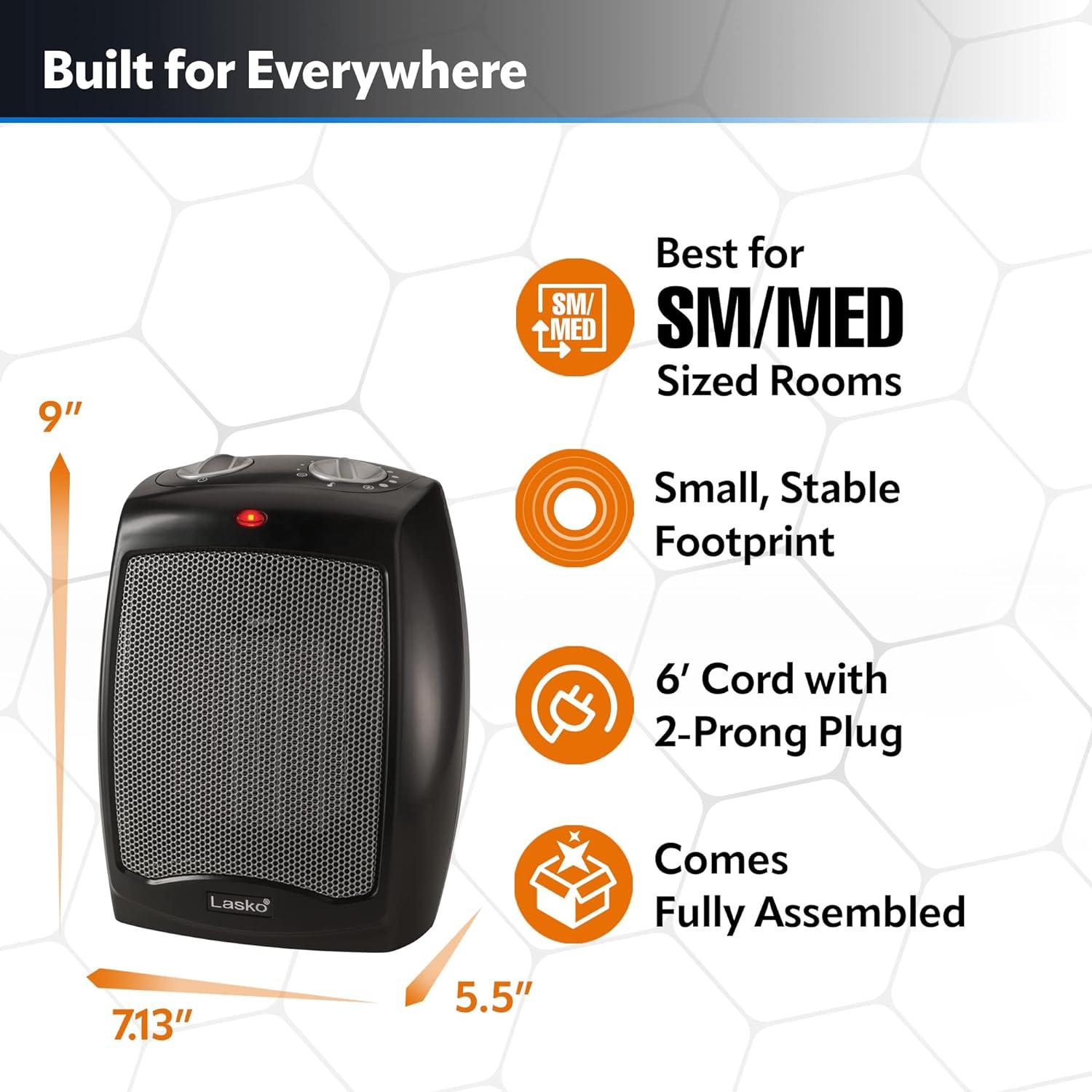 image:imageLasko CD09250 Ceramic Adjustable Thermostat Tabletop or UnderDesk Heater 9 Inches High Black9 Inches High