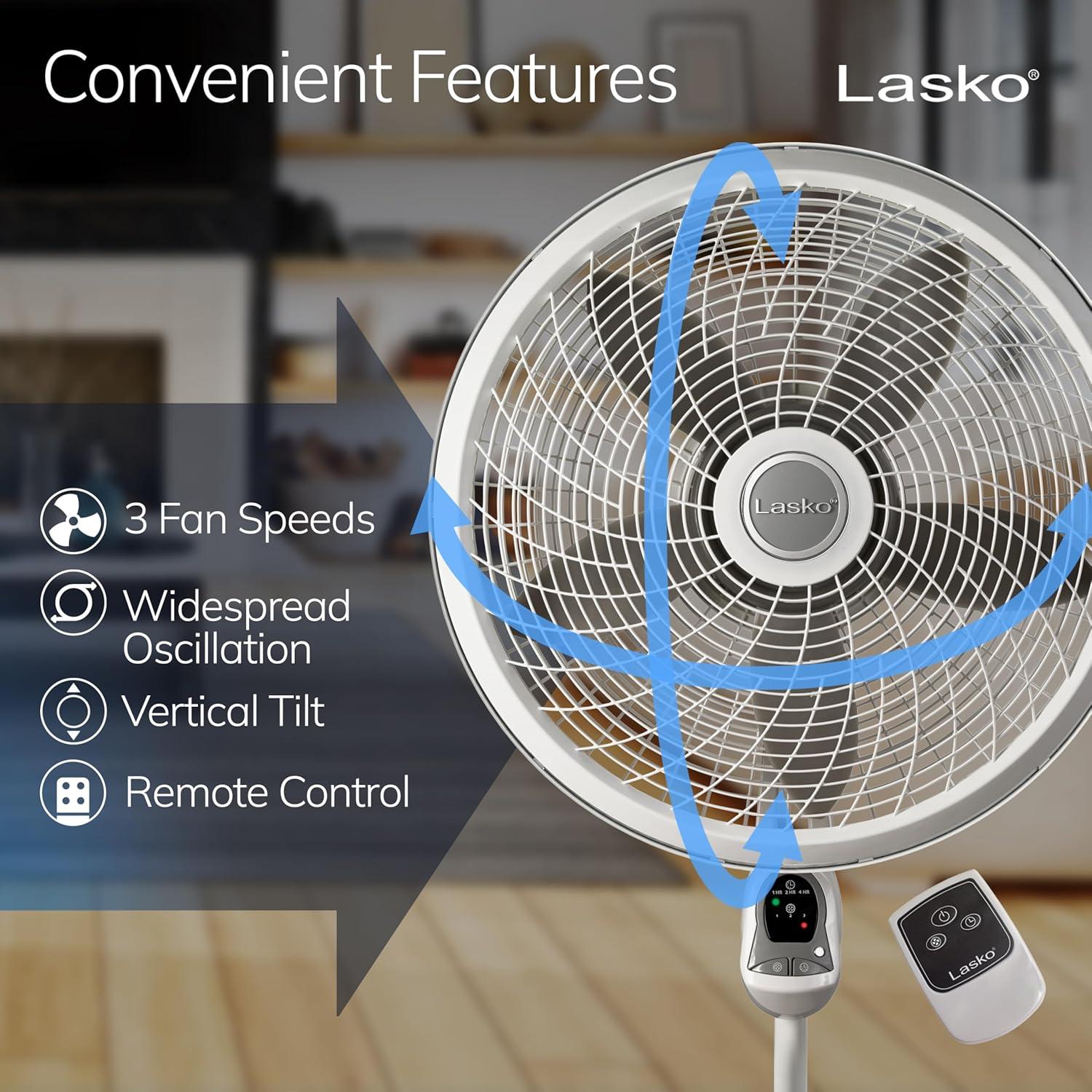 image:imageLasko Cyclone Pedestal Fan Adjustable Height Remote Control Timer 3 Speeds for Bedroom Kitchen Office and Living Room 18 White 1885 LargePedestal Fan