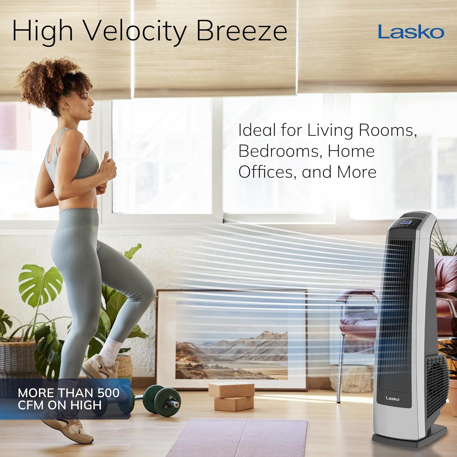 image:imageLasko High Velocity Oscillating Tower Fan 3 Powerful Speeds Timer Adjustable Directional Louvers Remote Control For Bedroom Basement Garage Use BlackSilver 35 U35120