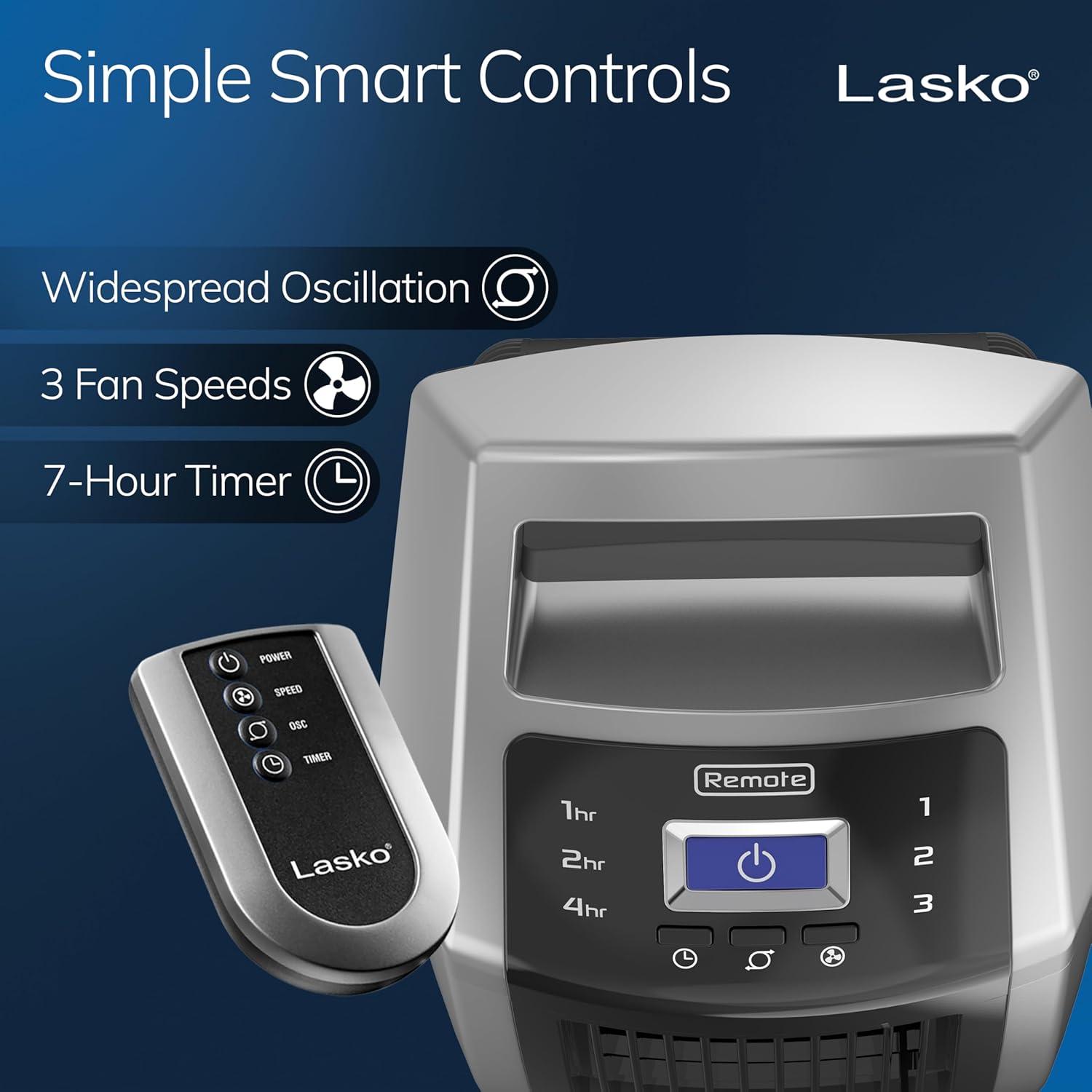 image:imageLasko High Velocity Oscillating Tower Fan 3 Powerful Speeds Timer Adjustable Directional Louvers Remote Control For Bedroom Basement Garage Use BlackSilver 35 U35120