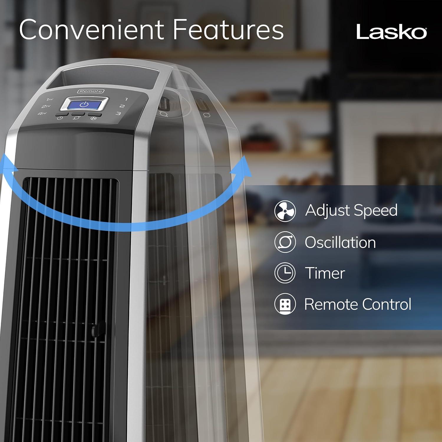 image:imageLasko High Velocity Oscillating Tower Fan 3 Powerful Speeds Timer Adjustable Directional Louvers Remote Control For Bedroom Basement Garage Use BlackSilver 35 U35120