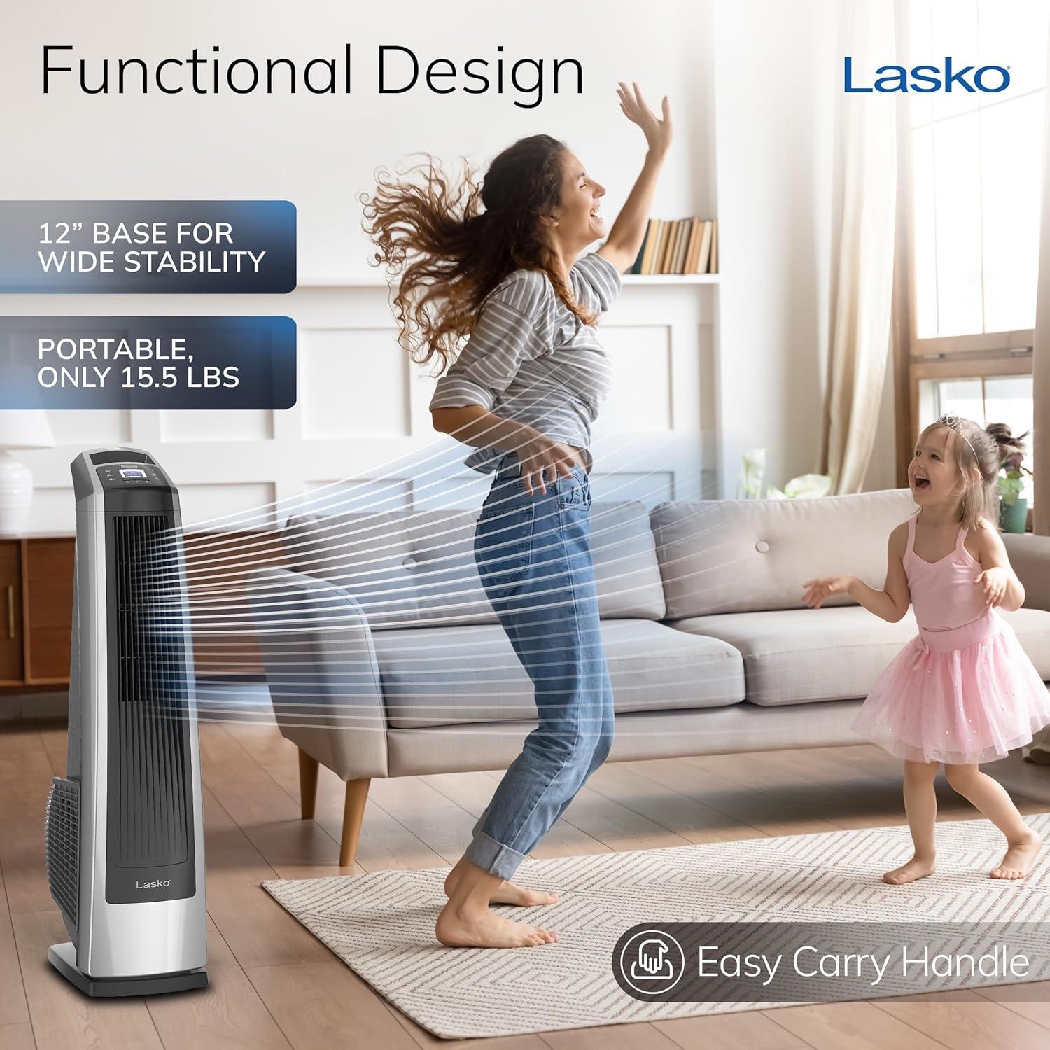image:imageLasko High Velocity Oscillating Tower Fan 3 Powerful Speeds Timer Adjustable Directional Louvers Remote Control For Bedroom Basement Garage Use BlackSilver 35 U35120