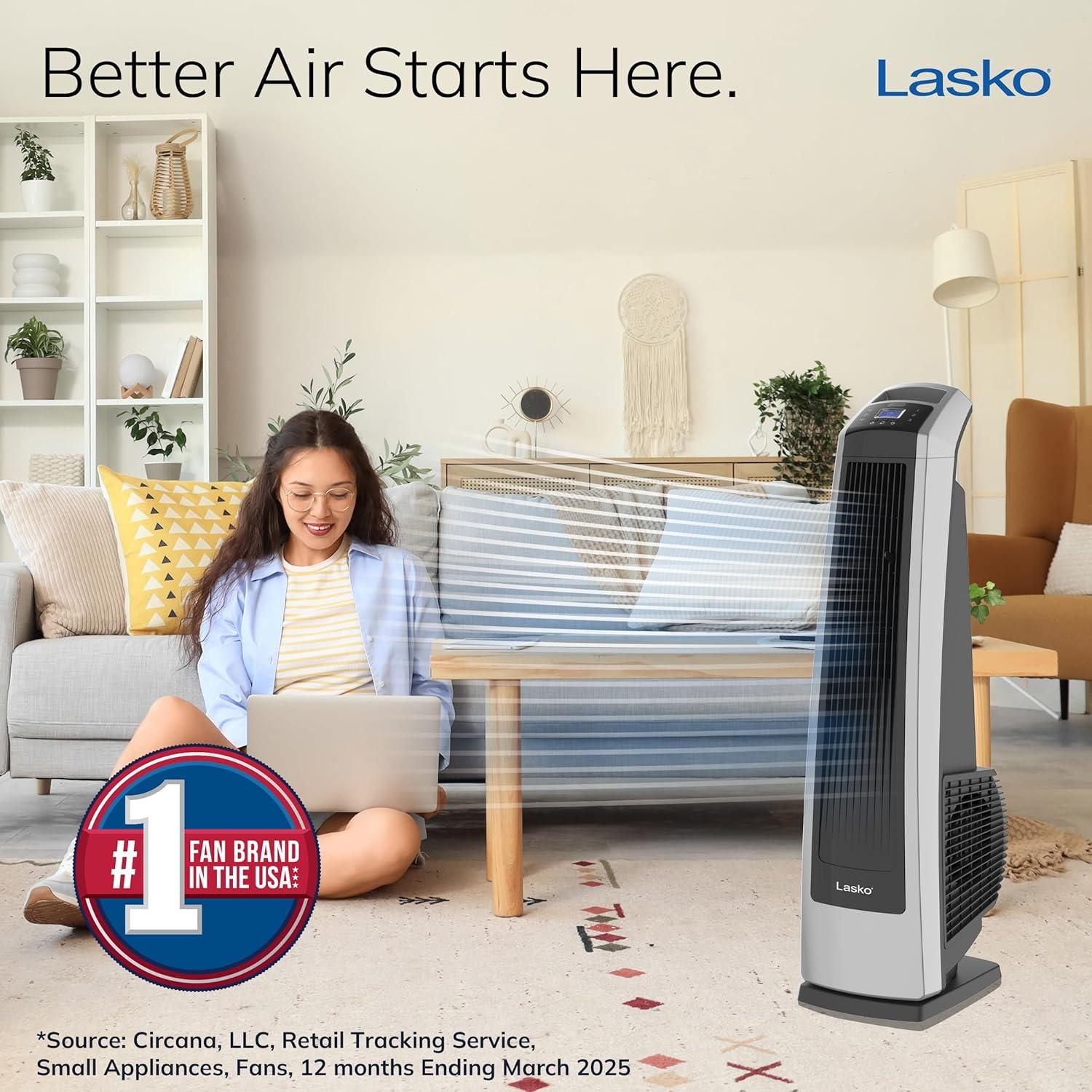 image:imageLasko High Velocity Oscillating Tower Fan 3 Powerful Speeds Timer Adjustable Directional Louvers Remote Control For Bedroom Basement Garage Use BlackSilver 35 U35120