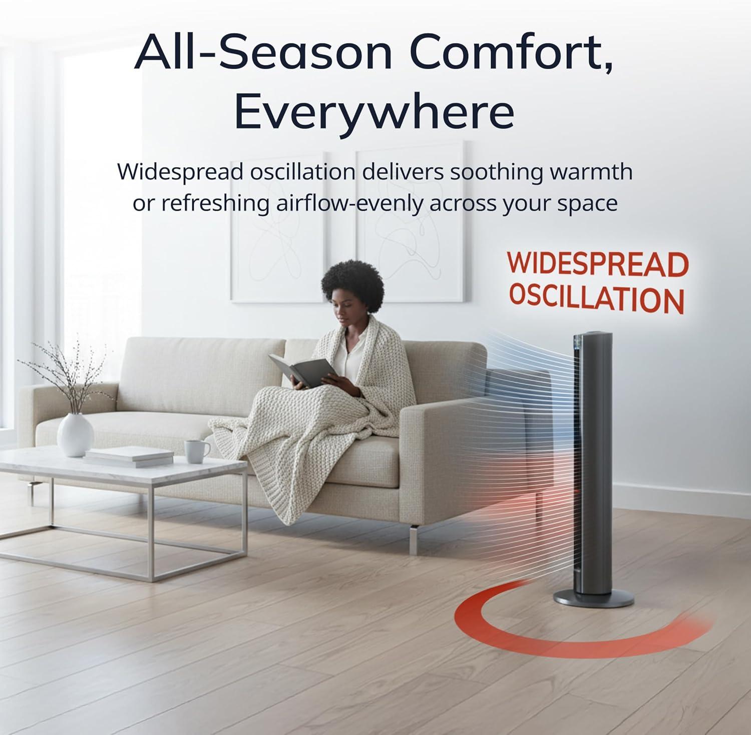 image:imageLasko Oscillating All Season Tower Fan and Space Heater in One for Home with Adjustable Thermostat Overheat Protection 4 Fan Speeds 3 Heat Settings and Remote 42 Inches 1500W White FH500Gray