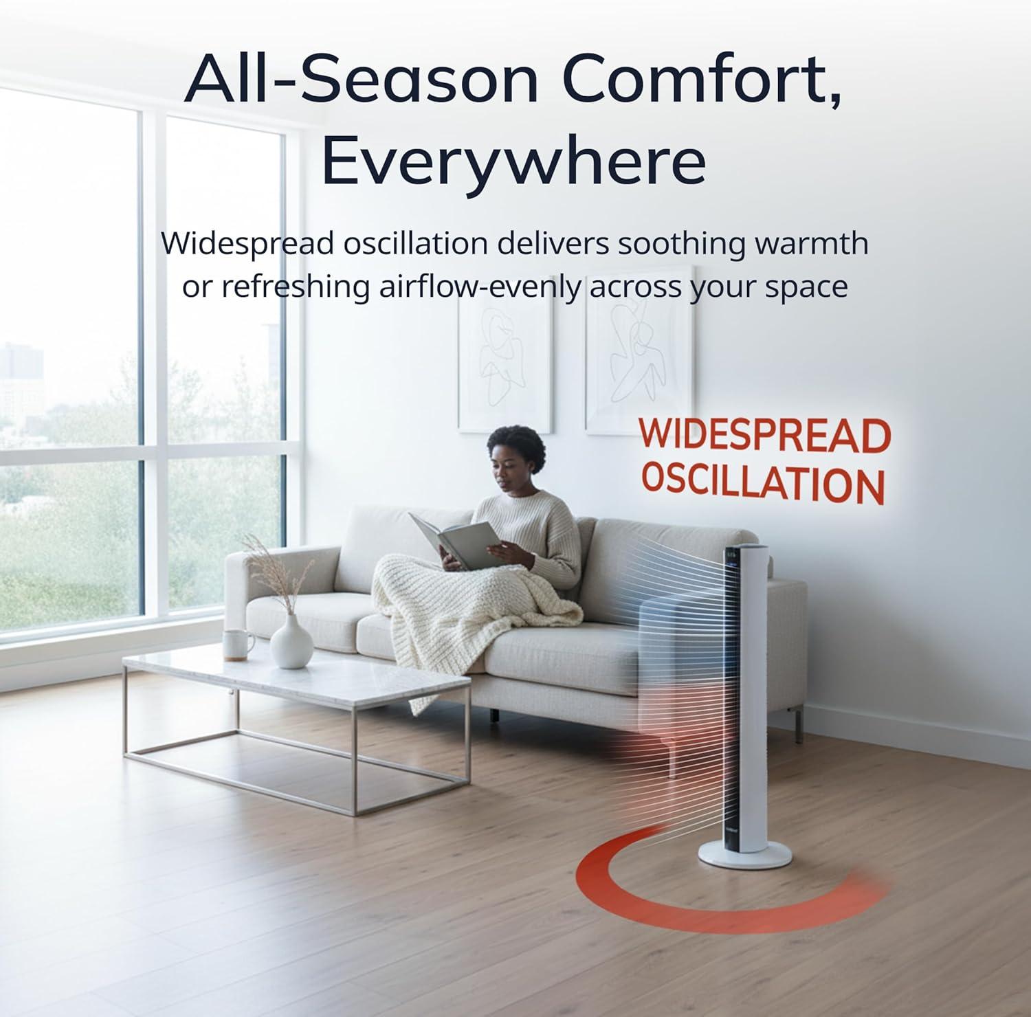 image:imageLasko Oscillating All Season Tower Fan and Space Heater in One for Home with Adjustable Thermostat Overheat Protection 4 Fan Speeds 3 Heat Settings and Remote 42 Inches 1500W White FH500Black White