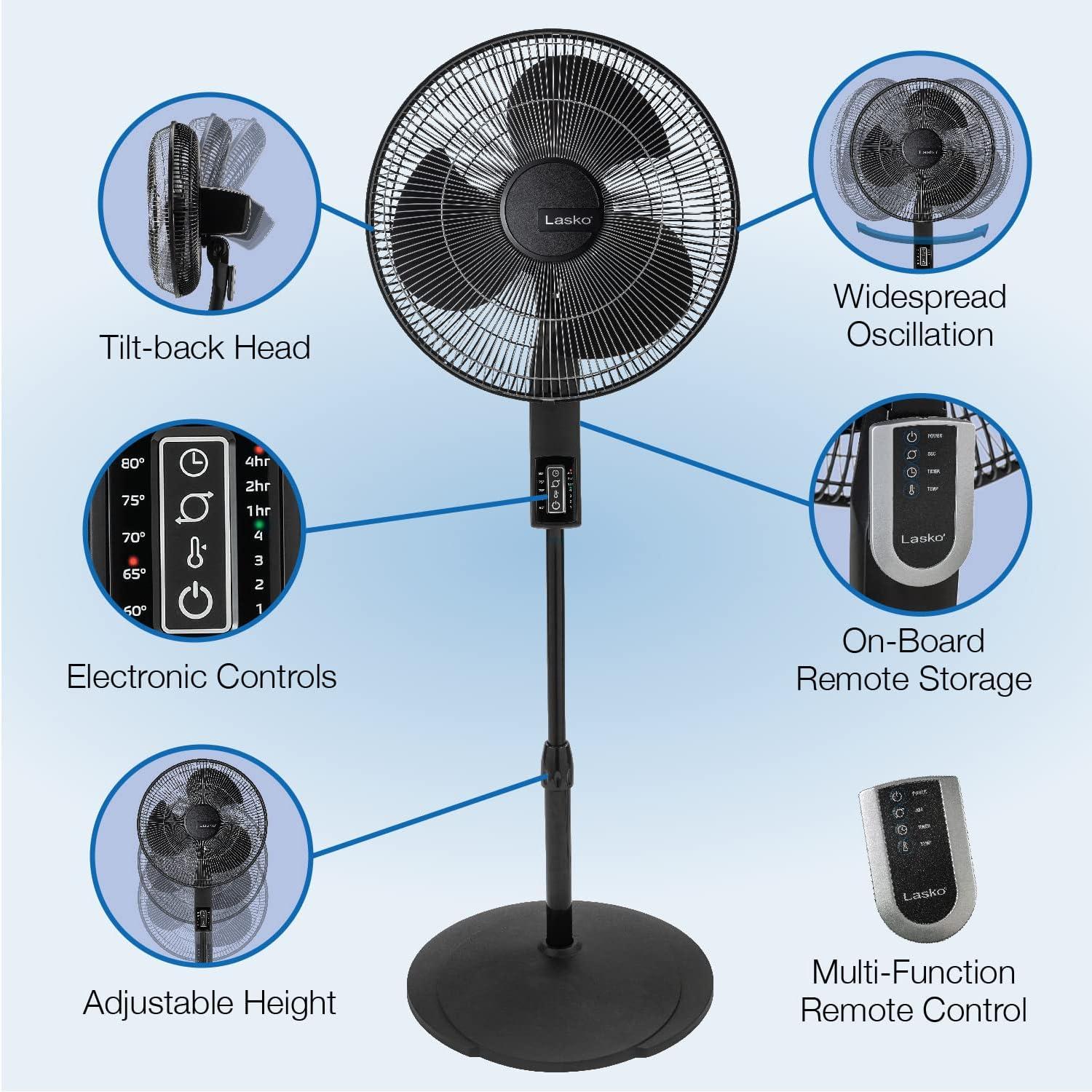 image:imageLasko Oscillating Pedestal Fan Thermostat Adjustable Height Remote Control Timer 4 Speeds for Bedroom Living Room Office amp Dorm 16 Black S16612Black 16612