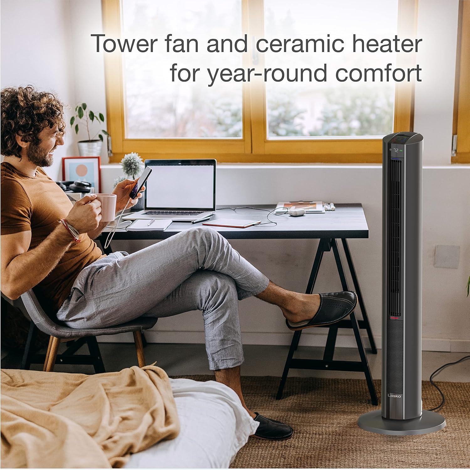 image:imageLasko Oscillating Tower Fan Space Heater Combo with Remote 48 Tower Fan Adjustable Thermostat Timer Night Mode 3 Heats 4 Fan Speeds