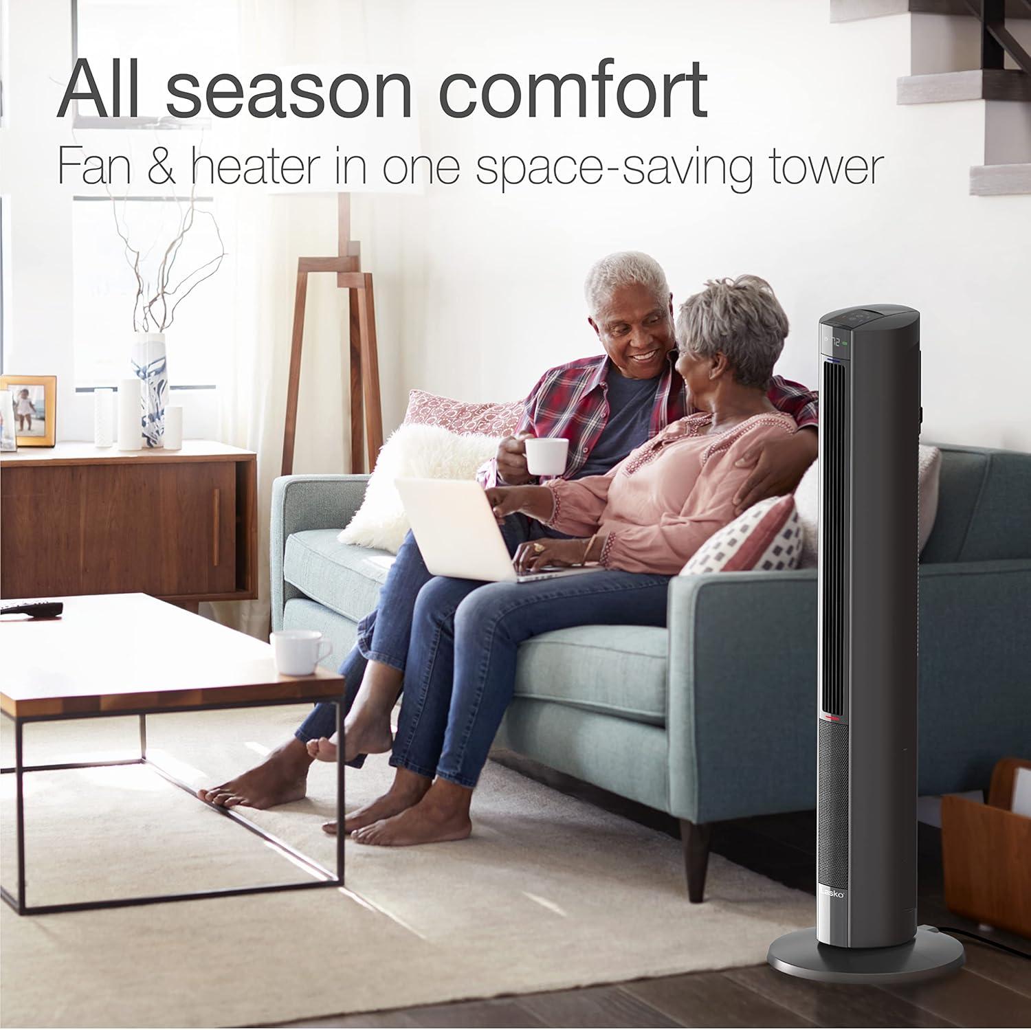 image:imageLasko Oscillating Tower Fan Space Heater Combo with Remote 48 Tower Fan Adjustable Thermostat Timer Night Mode 3 Heats 4 Fan Speeds