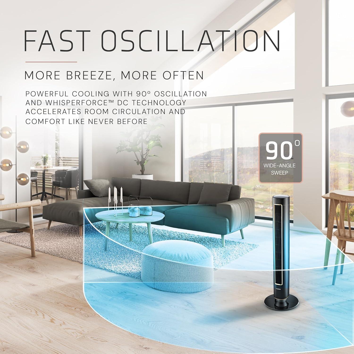 image:imageLasko Pinnacle 40 Tower Fans for Home 32 fts Airflow Quiet 24dB 90 Oscillation Standing Fan for Bedroom with 24 Hour Timer DC Motor Air Filter for Hair amp Dust Night Light Remote DST100