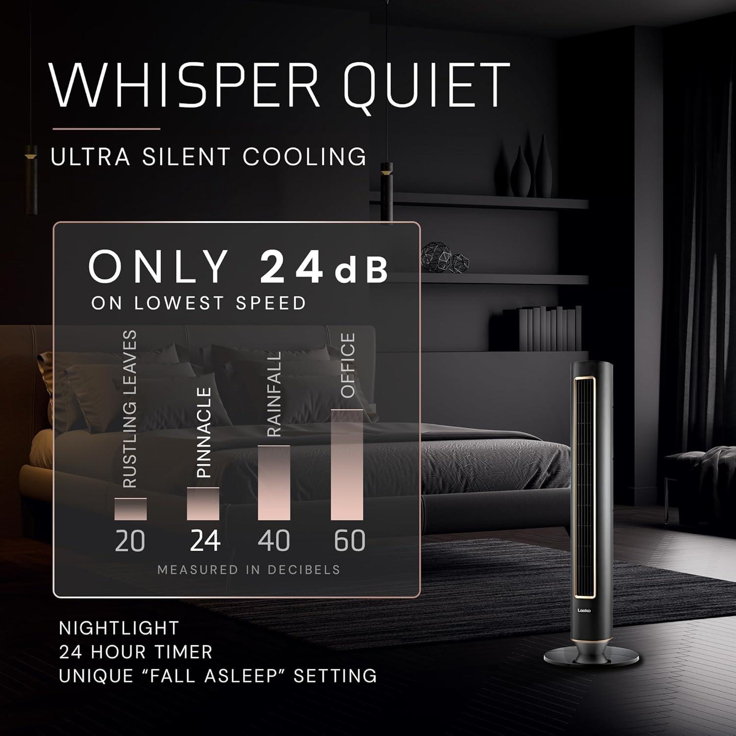 image:imageLasko Pinnacle 40 Tower Fans for Home 32 fts Airflow Quiet 24dB 90 Oscillation Standing Fan for Bedroom with 24 Hour Timer DC Motor Air Filter for Hair amp Dust Night Light Remote DST100