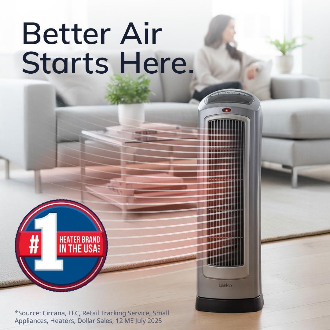 image:imageLasko Portable Oscillating Indoor Electric Ceramic Tower Space Heater with TipOver Safety Switch Overheat Protection Timer and Remote Control Safe for Home 225 Inches1500W 751321 BlackSilver