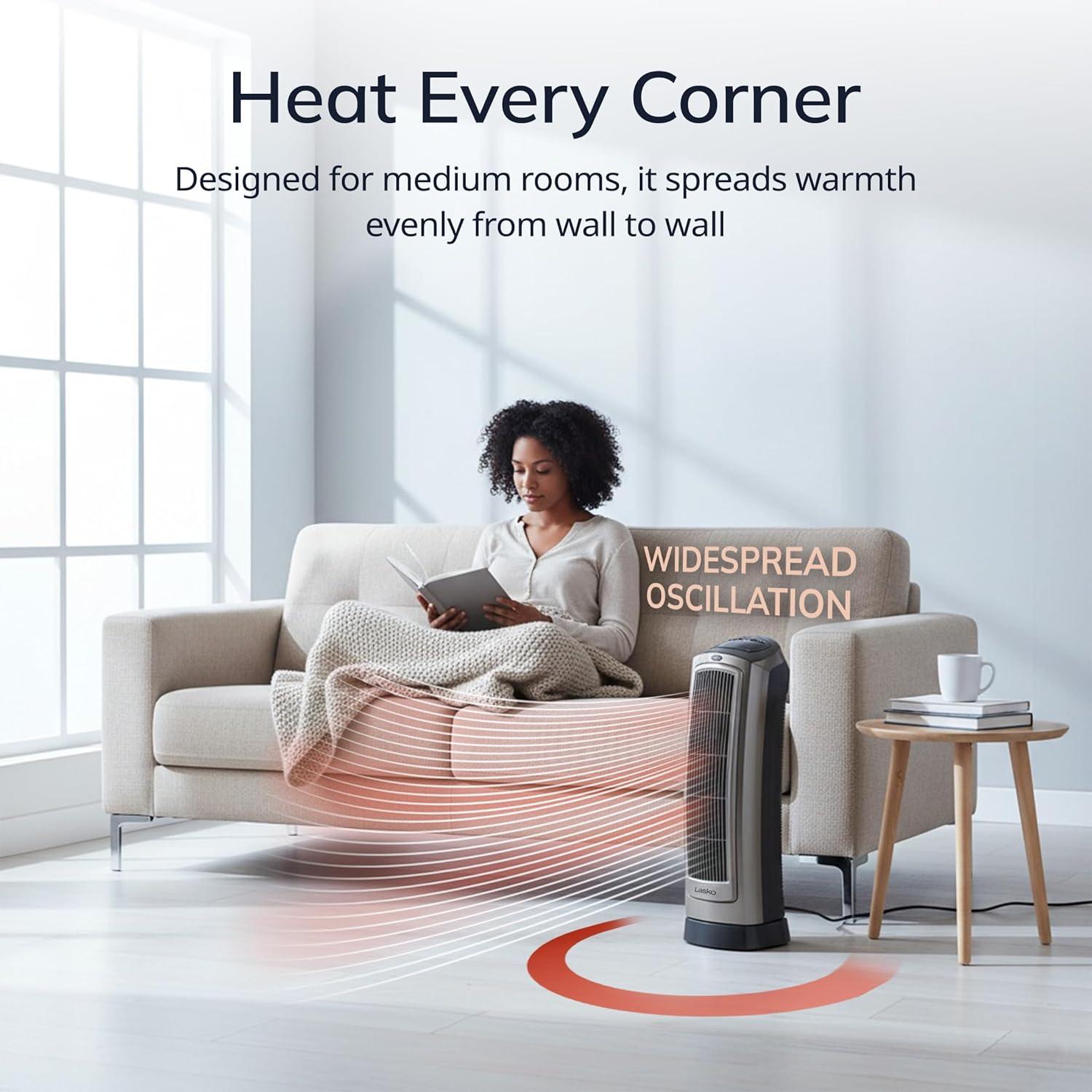 image:imageLasko Portable Oscillating Indoor Electric Ceramic Tower Space Heater with TipOver Safety Switch Overheat Protection Timer and Remote Control Safe for Home 225 Inches1500W 751321 BlackSilver