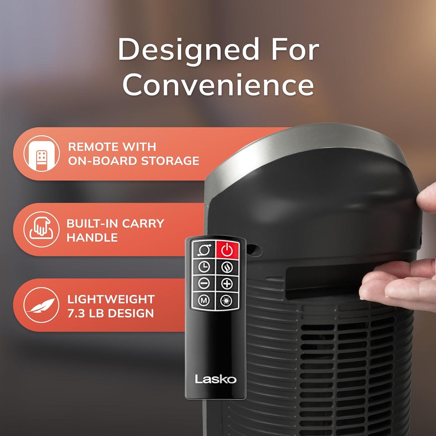 image:imageLasko Portable Oscillating Indoor Electric Ceramic Tower Space Heater with TipOver Safety Switch Overheat Protection Timer and Remote Control Safe for Home 225 Inches1500W 751321 BlackSilver