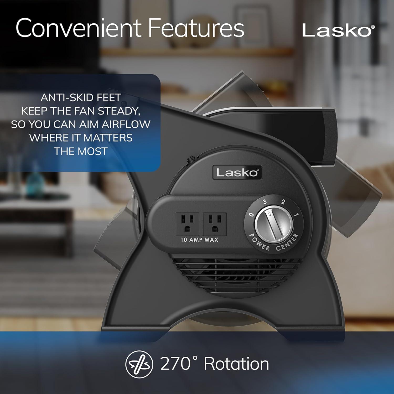 image:imageLasko Portable Utility Fan 12 289 CFM Pivoting High Velocity Air Mover Blower Fan 3 Speeds 2 Accessory Outlets 120V Black U12104Classic