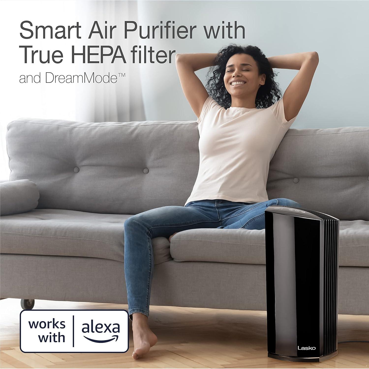 image:imageLasko Smart Air Purifier with True HEPA Filter Works with Alexa Removes 9997 of Smoke Odors Pet Dander Virus Sized Particles Pollen Dust and Mold LP450S Black A Certified for Humans Device Large