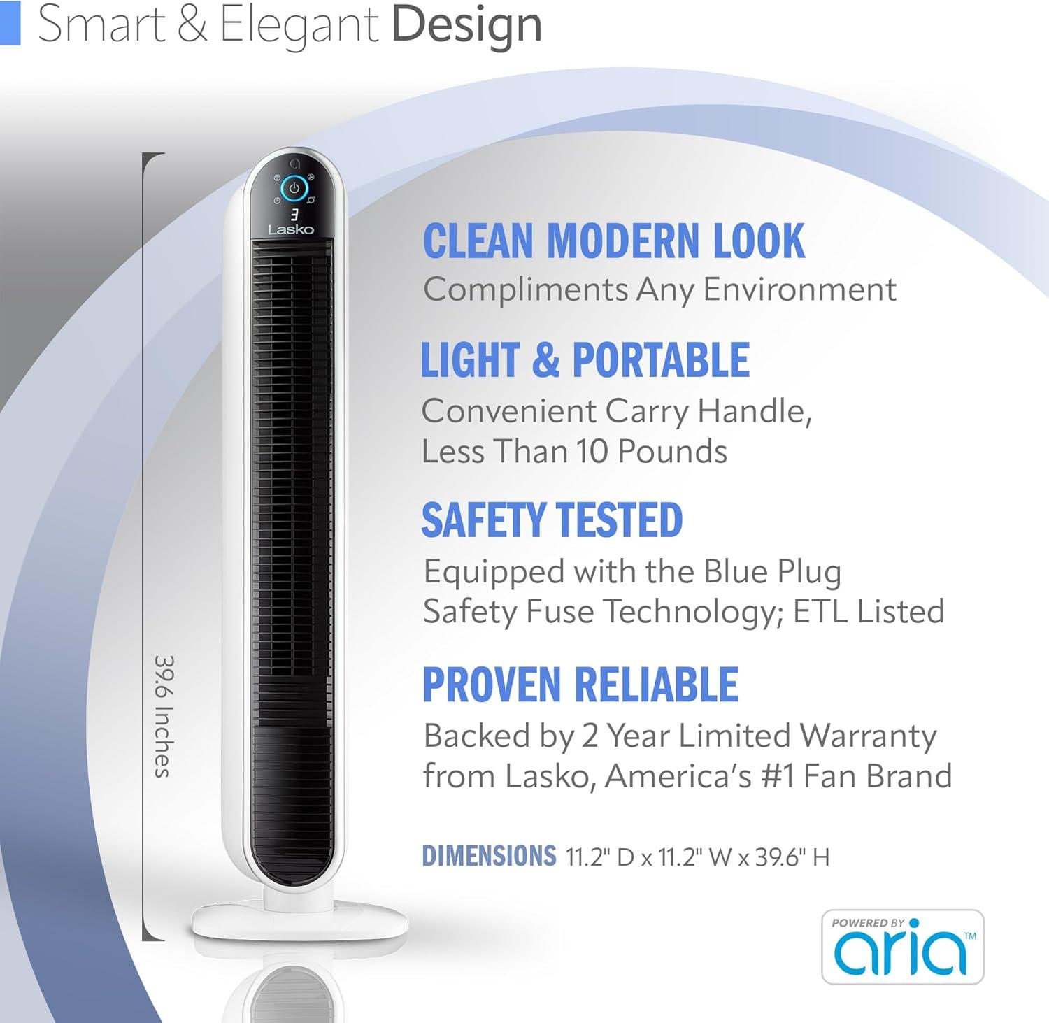image:imageLasko Smart Oscillating Tower Fan Powered by Aria WiFi Connected Voice Controlled Compatible with Alexa and Google Assistant Timer 5Speeds 40 White T40735 Large