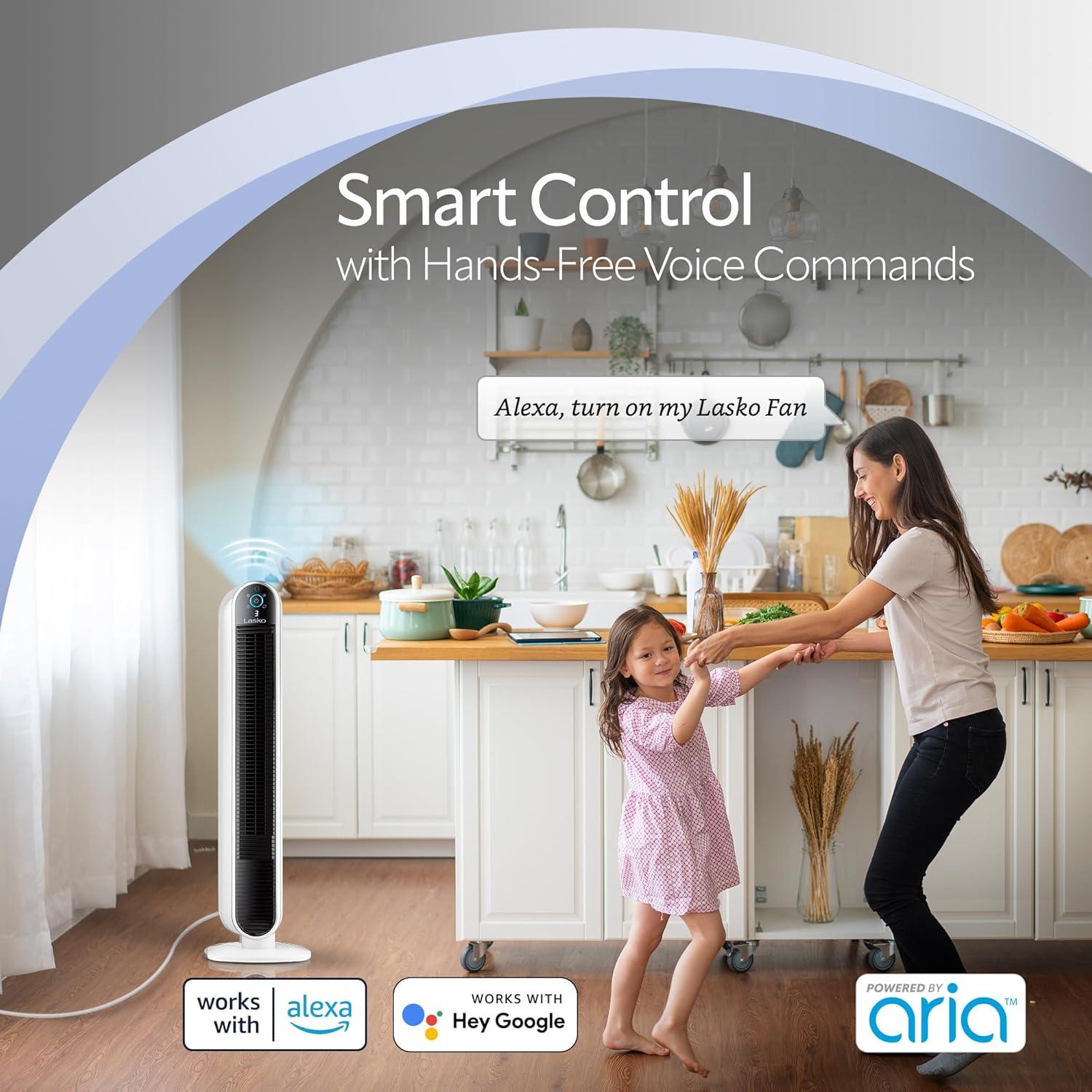 image:imageLasko Smart Oscillating Tower Fan Powered by Aria WiFi Connected Voice Controlled Compatible with Alexa and Google Assistant Timer 5Speeds 40 White T40735 Large