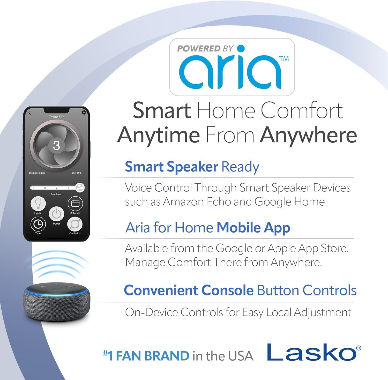 image:imageLasko Smart Oscillating Tower Fan Powered by Aria WiFi Connected Voice Controlled Compatible with Alexa and Google Assistant Timer 5Speeds 40 White T40735 Large