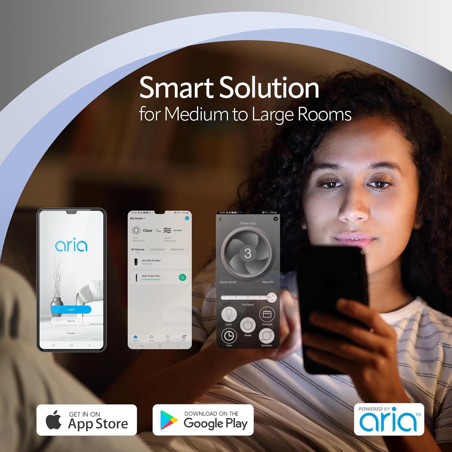 image:imageLasko Smart Oscillating Tower Fan Powered by Aria WiFi Connected Voice Controlled Compatible with Alexa and Google Assistant Timer 5Speeds 40 White T40735 Large