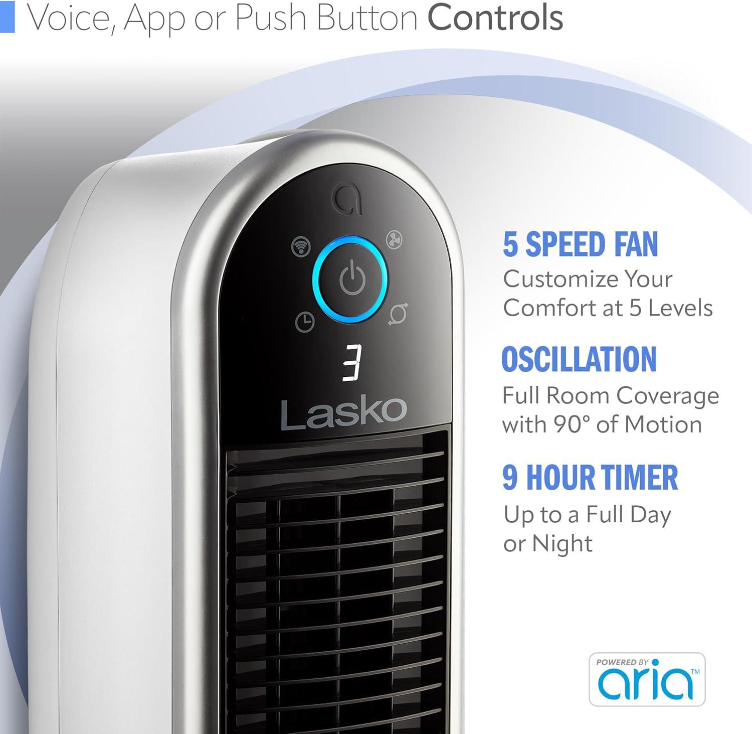 image:imageLasko Smart Oscillating Tower Fan Powered by Aria WiFi Connected Voice Controlled Compatible with Alexa and Google Assistant Timer 5Speeds 40 White T40735 Large