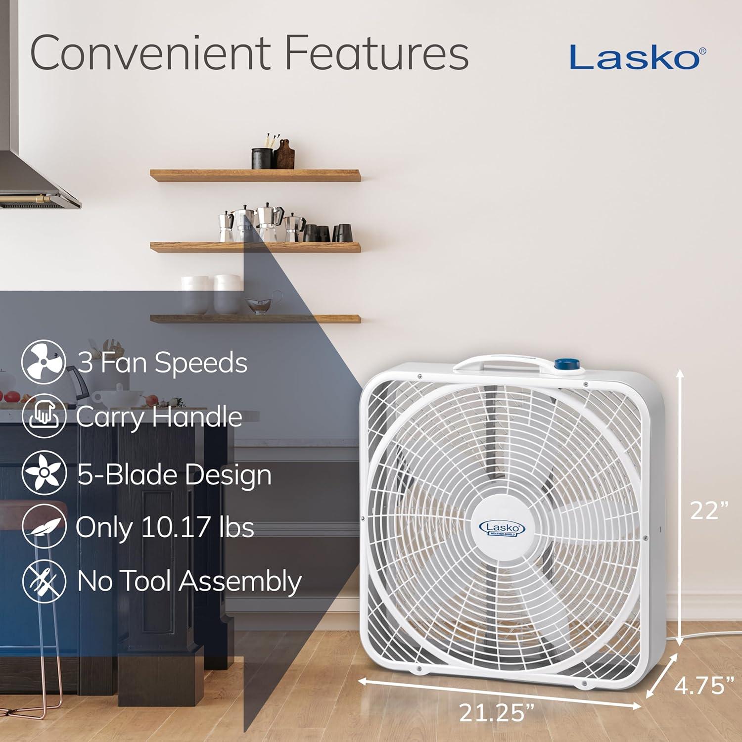 image:imageLasko WeatherShield Performance Box Fan 3 Speeds Innovative Wind Ring System for Up to 30 More Air Carry Handle for Bedroom Office Home 20 Inch White 37201