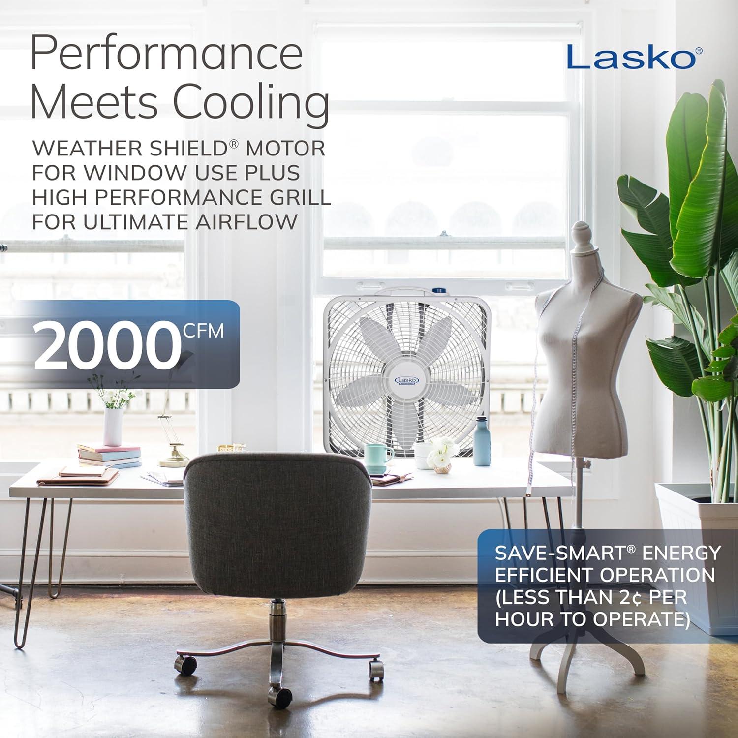 image:imageLasko WeatherShield Performance Box Fan 3 Speeds Innovative Wind Ring System for Up to 30 More Air Carry Handle for Bedroom Office Home 20 Inch White 37201