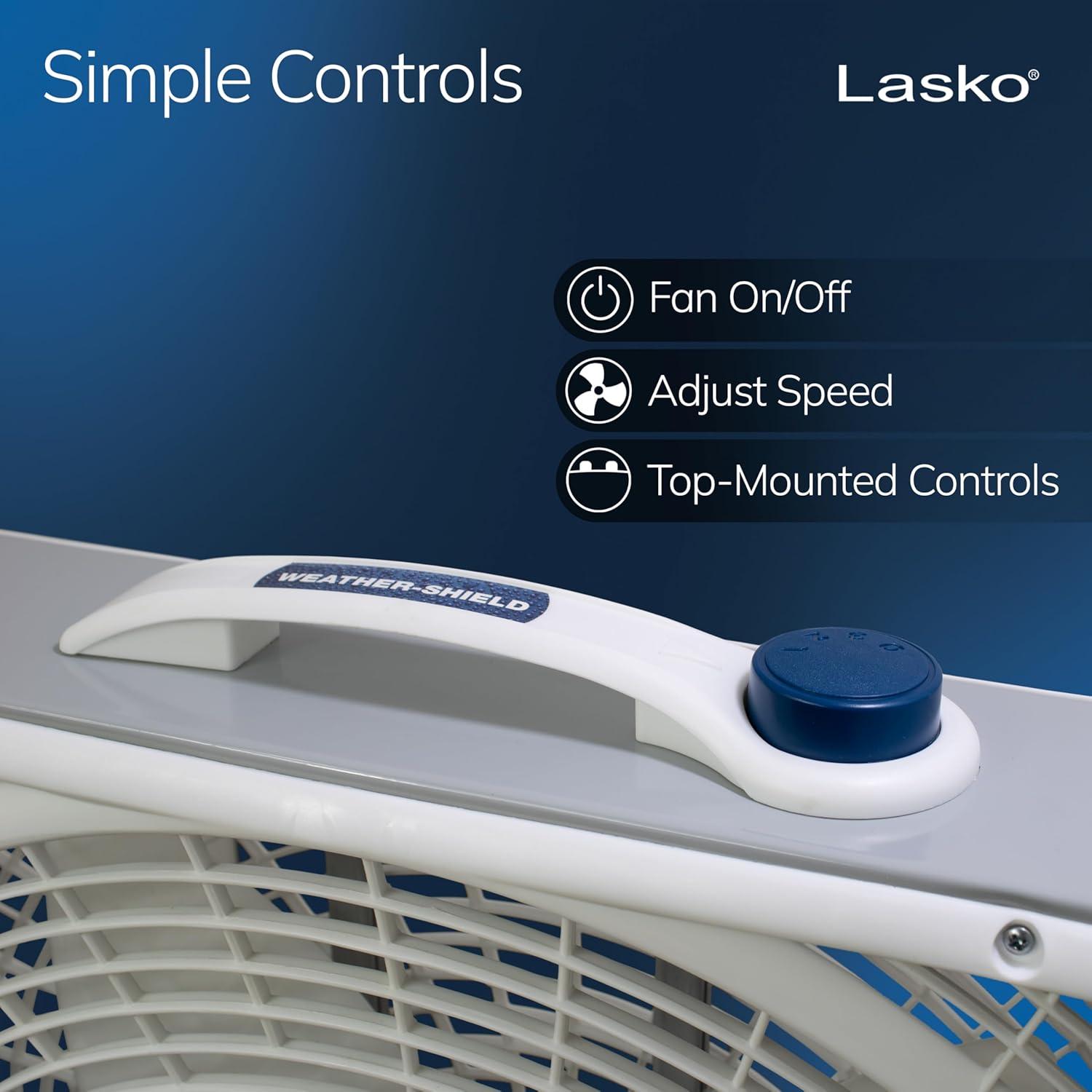 image:imageLasko WeatherShield Performance Box Fan 3 Speeds Innovative Wind Ring System for Up to 30 More Air Carry Handle for Bedroom Office Home 20 Inch White 37201