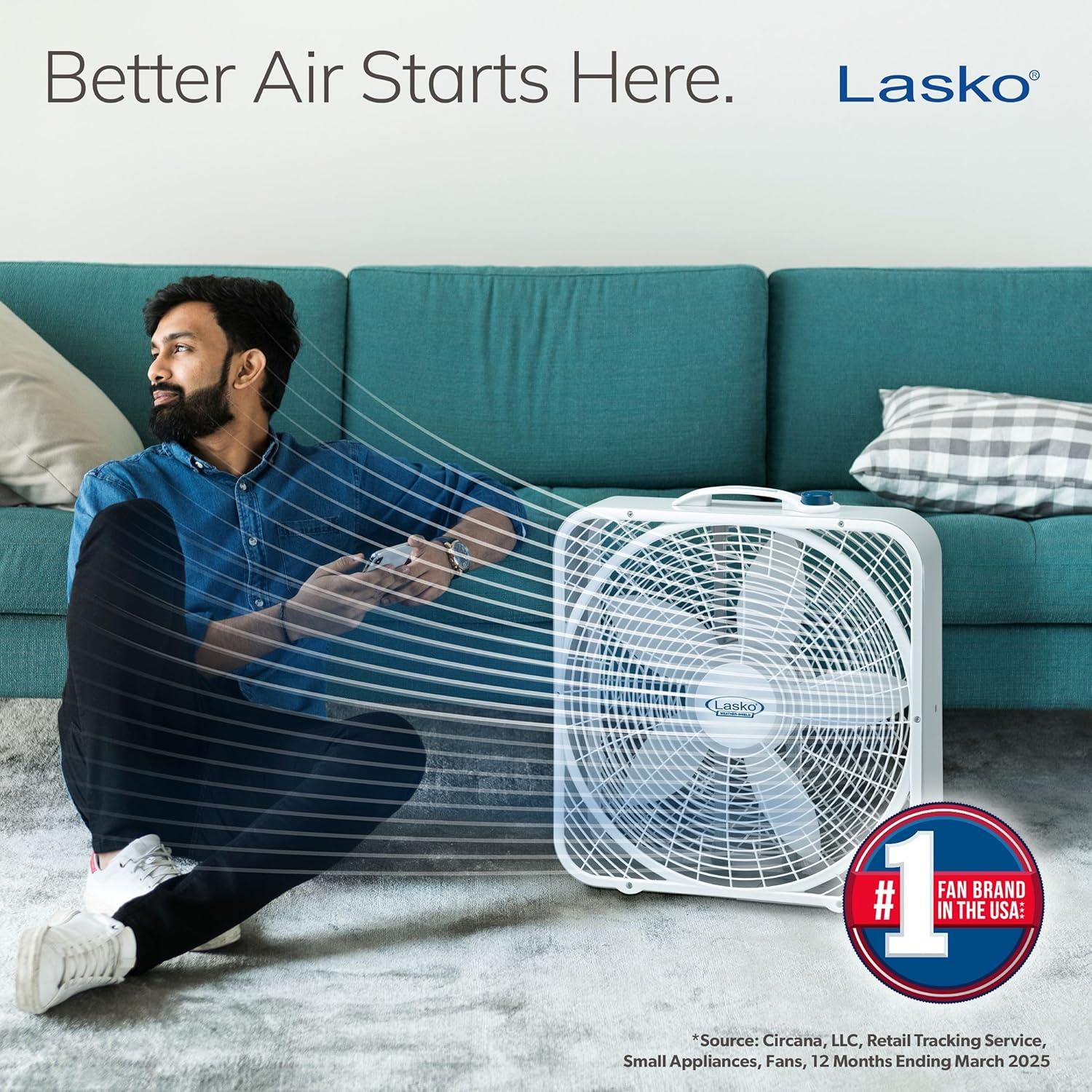 image:imageLasko WeatherShield Performance Box Fan 3 Speeds Innovative Wind Ring System for Up to 30 More Air Carry Handle for Bedroom Office Home 20 Inch White 37201