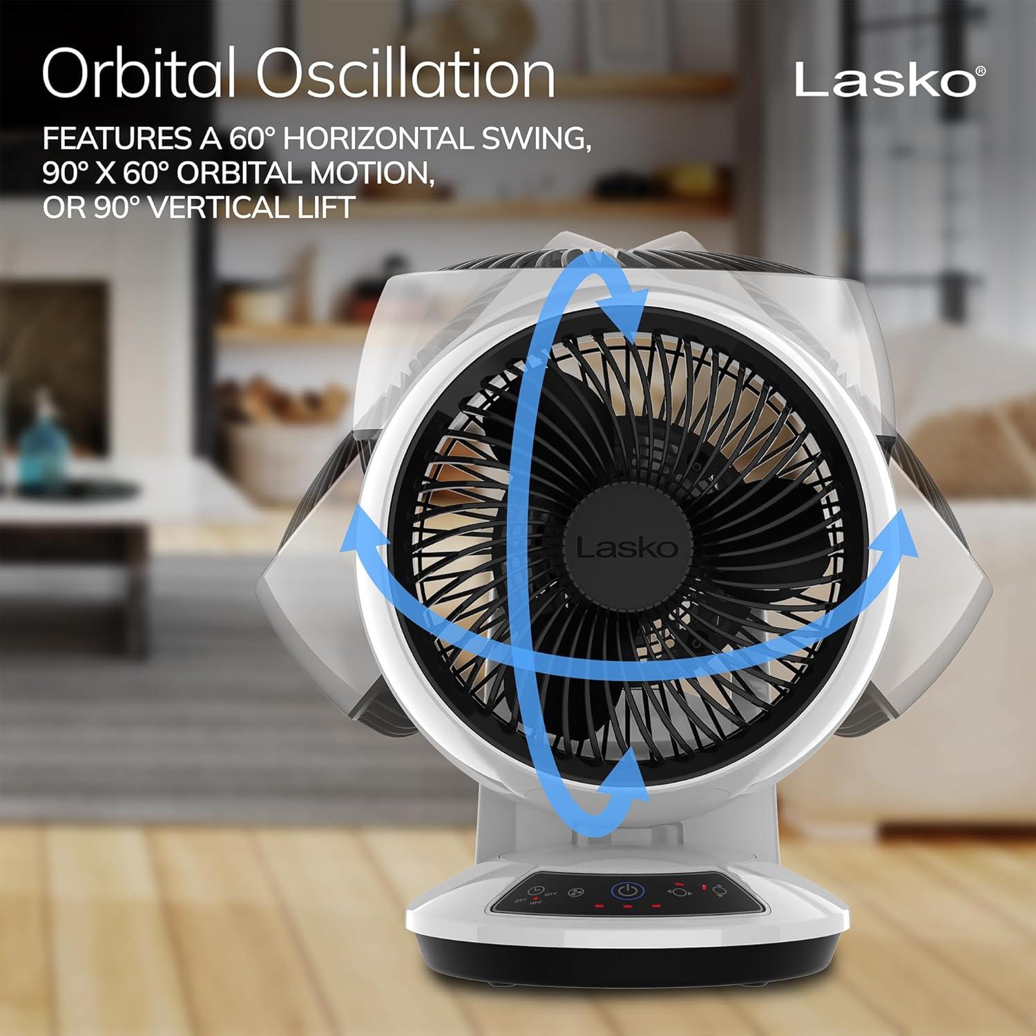 image:imageLasko Whirlwind Orbital Motion Air Circulator Table Fan 3 Speeds Timer Dark Mode Remote Control for Small and Medium Sized Rooms White A12557