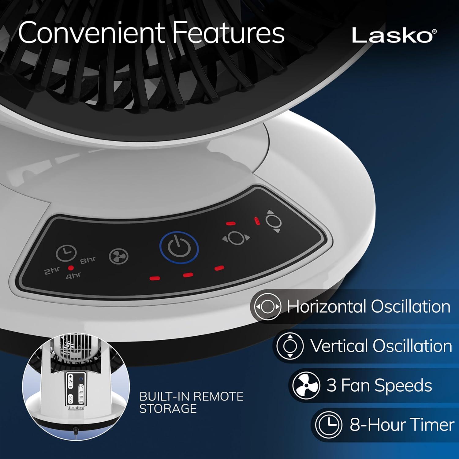 image:imageLasko Whirlwind Orbital Motion Air Circulator Table Fan 3 Speeds Timer Dark Mode Remote Control for Small and Medium Sized Rooms White A12557