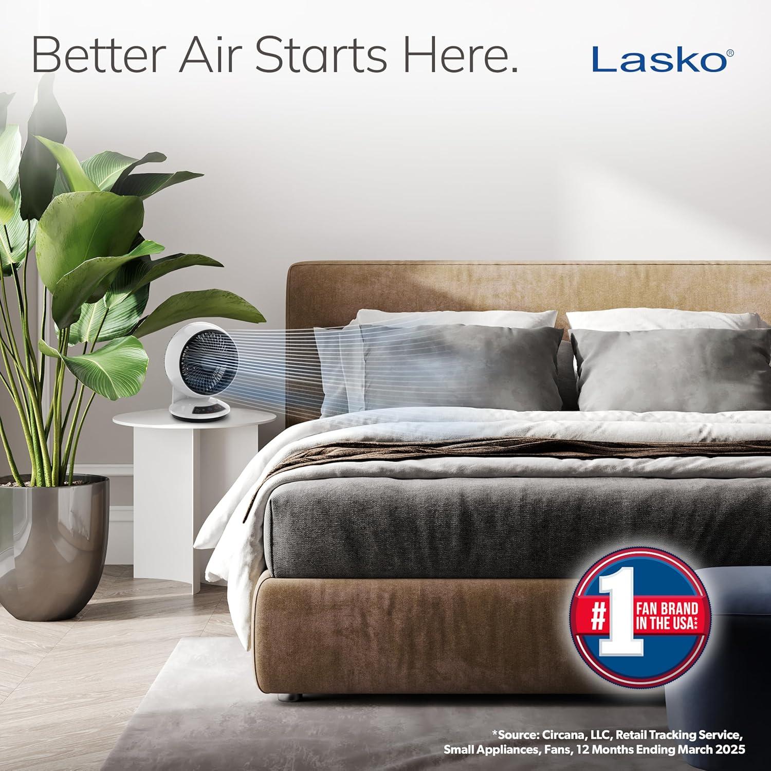 image:imageLasko Whirlwind Orbital Motion Air Circulator Table Fan 3 Speeds Timer Dark Mode Remote Control for Small and Medium Sized Rooms White A12557