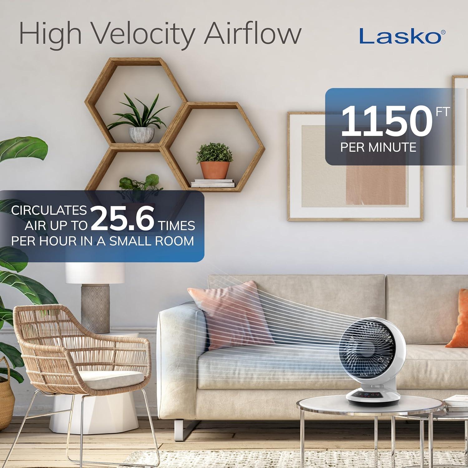image:imageLasko Whirlwind Orbital Motion Air Circulator Table Fan 3 Speeds Timer Dark Mode Remote Control for Small and Medium Sized Rooms White A12557