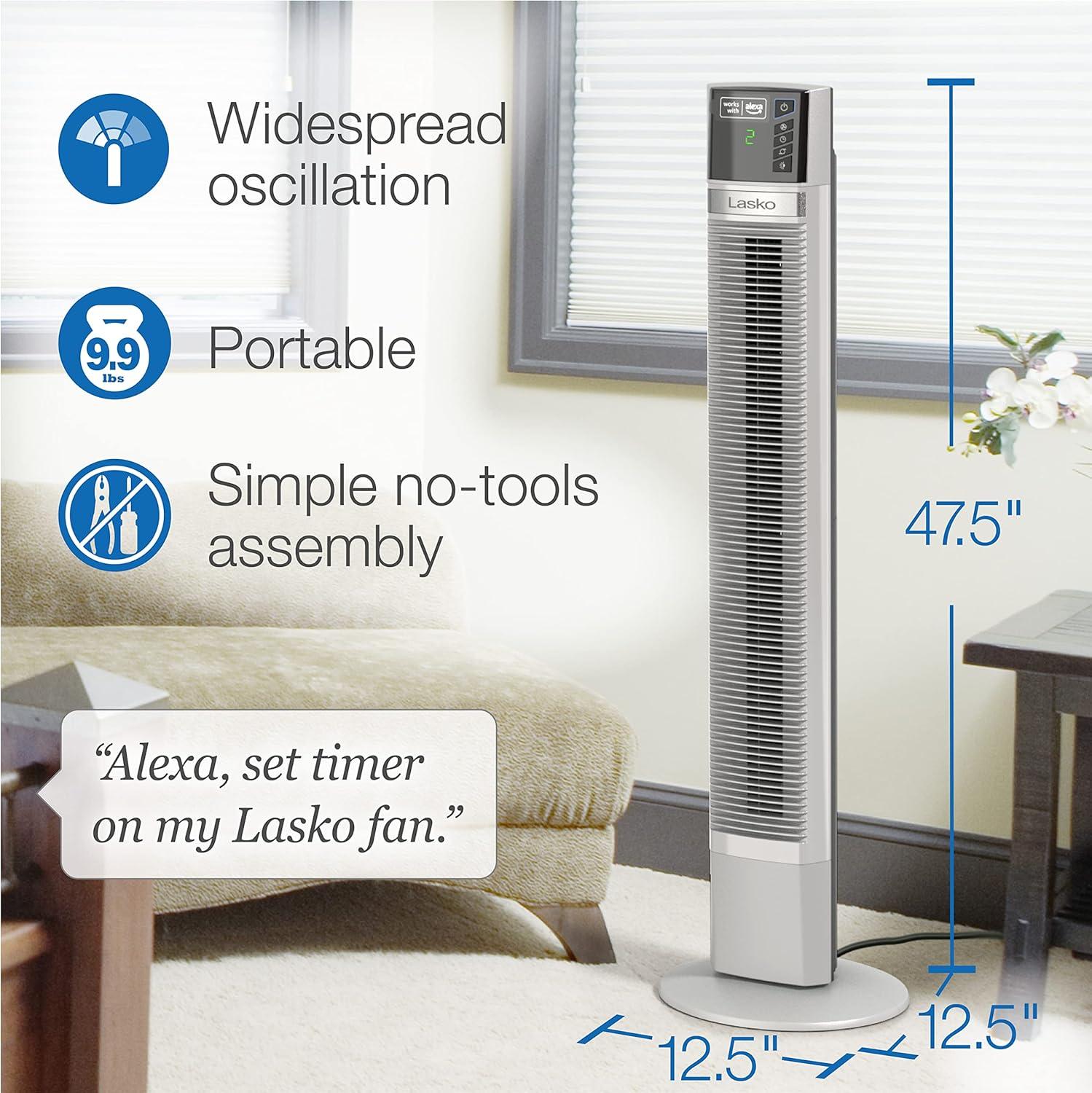 image:imageLasko Works with Alexa Oscillating Tower Fan Voice Controlled 4 Quiet Speeds Sleep Mode Timer Bedroom Living Room 48 White T48401with Alexa