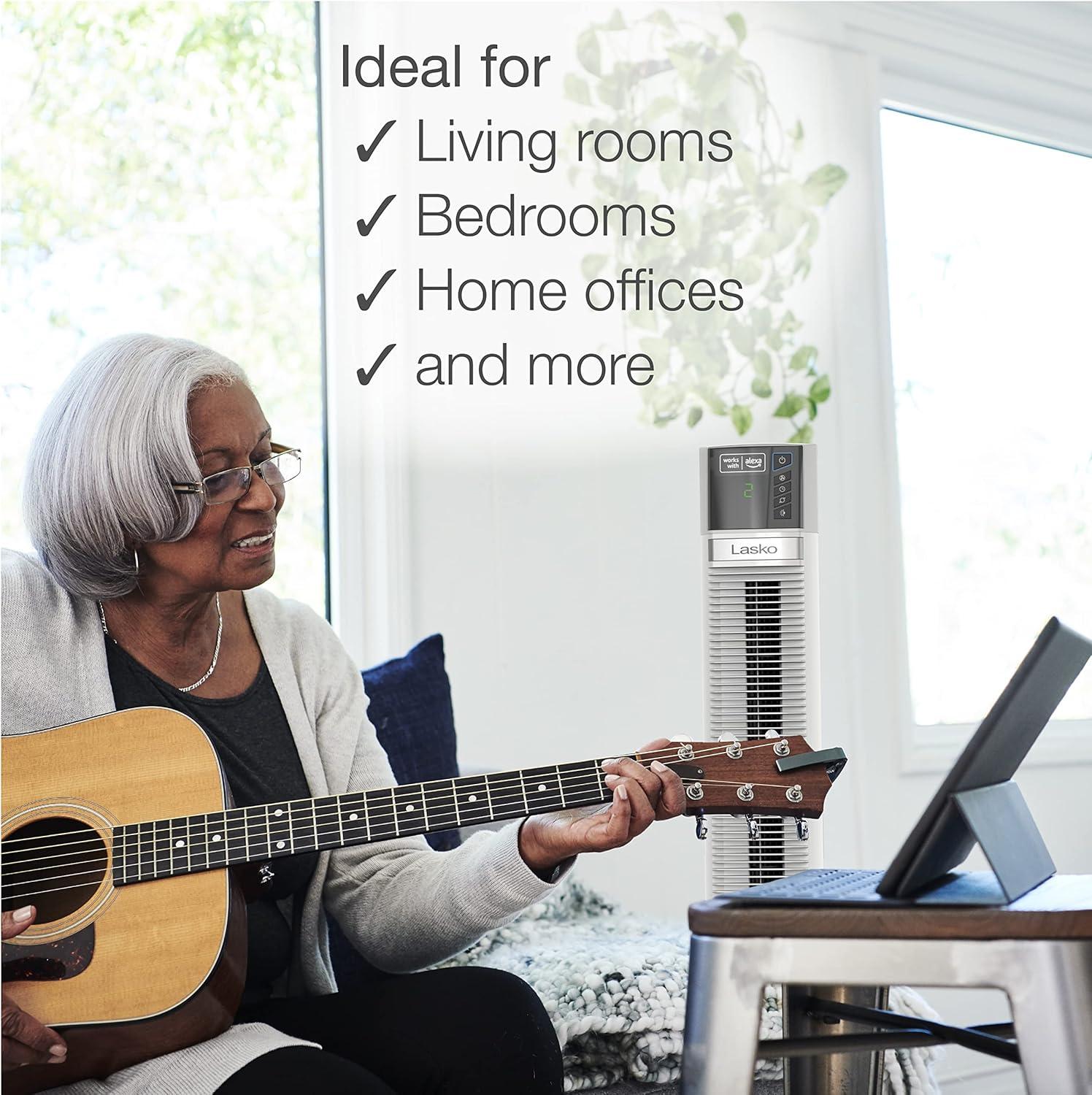 image:imageLasko Works with Alexa Oscillating Tower Fan Voice Controlled 4 Quiet Speeds Sleep Mode Timer Bedroom Living Room 48 White T48401with Alexa