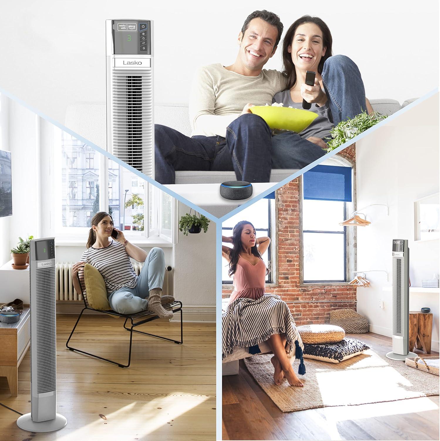 image:imageLasko Works with Alexa Oscillating Tower Fan Voice Controlled 4 Quiet Speeds Sleep Mode Timer Bedroom Living Room 48 White T48401with Alexa