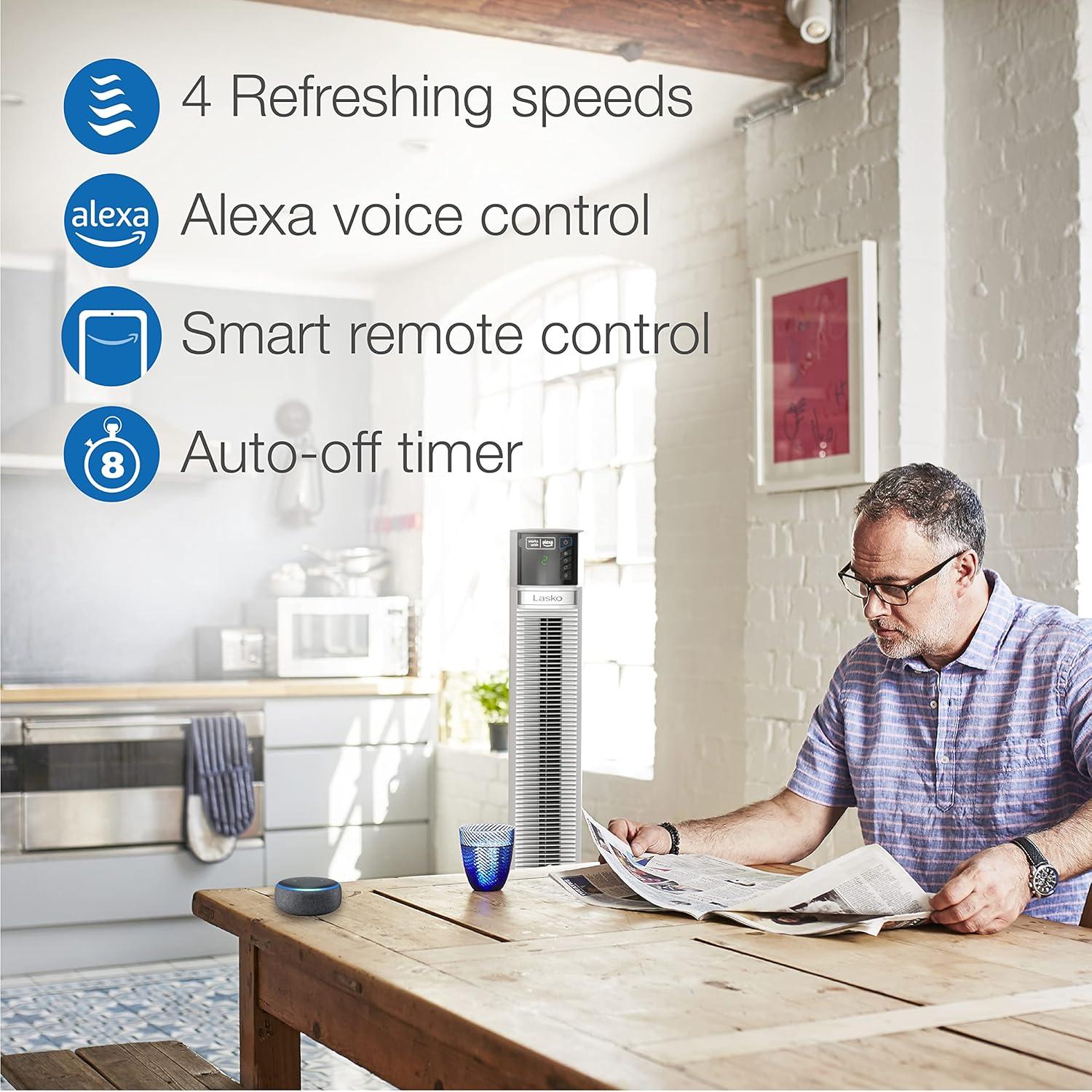 image:imageLasko Works with Alexa Oscillating Tower Fan Voice Controlled 4 Quiet Speeds Sleep Mode Timer Bedroom Living Room 48 White T48401with Alexa