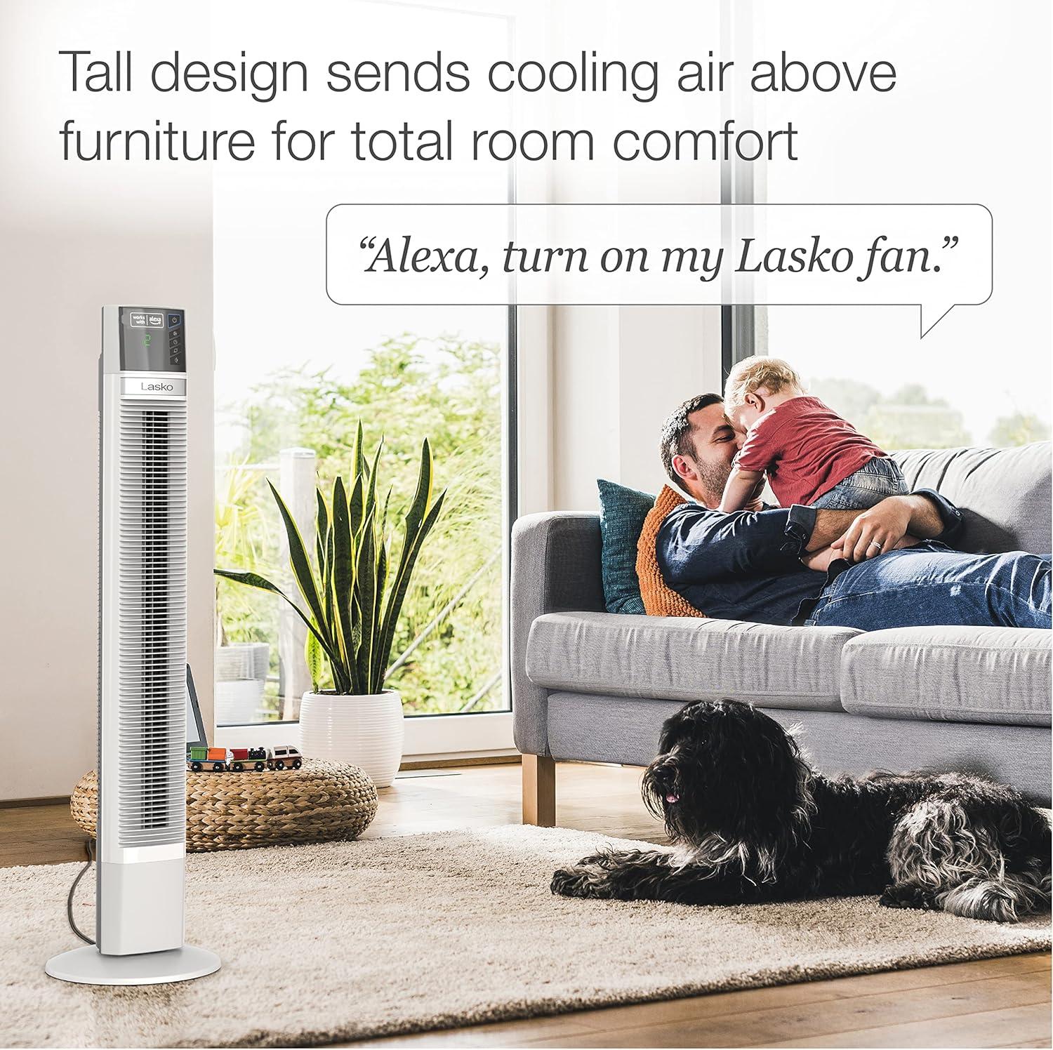 image:imageLasko Works with Alexa Oscillating Tower Fan Voice Controlled 4 Quiet Speeds Sleep Mode Timer Bedroom Living Room 48 White T48401with Alexa