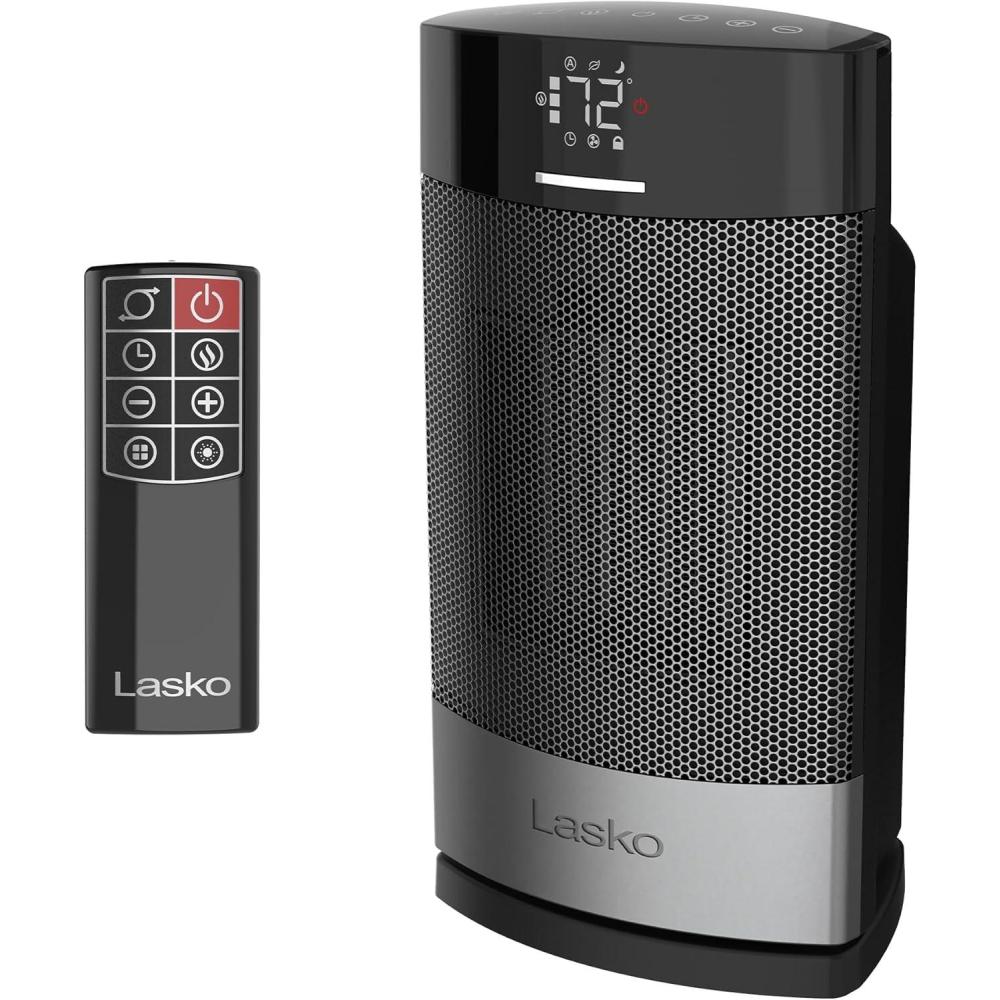 image:imageLasko Ellipse Ceramic Tabletop Heater for Home with TipOver Switch Child Lock Digital Display Thermostat AutoECO Mode Wide Oscillation Remote For Bedroom Office Den 1500W Black CD1295012