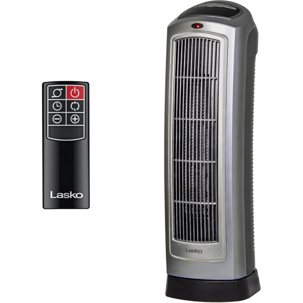 image:imageLasko Portable Oscillating Indoor Electric Ceramic Tower Space Heater with TipOver Safety Switch Overheat Protection Timer and Remote Control Safe for Home 225 Inches1500W 751321 BlackSilver