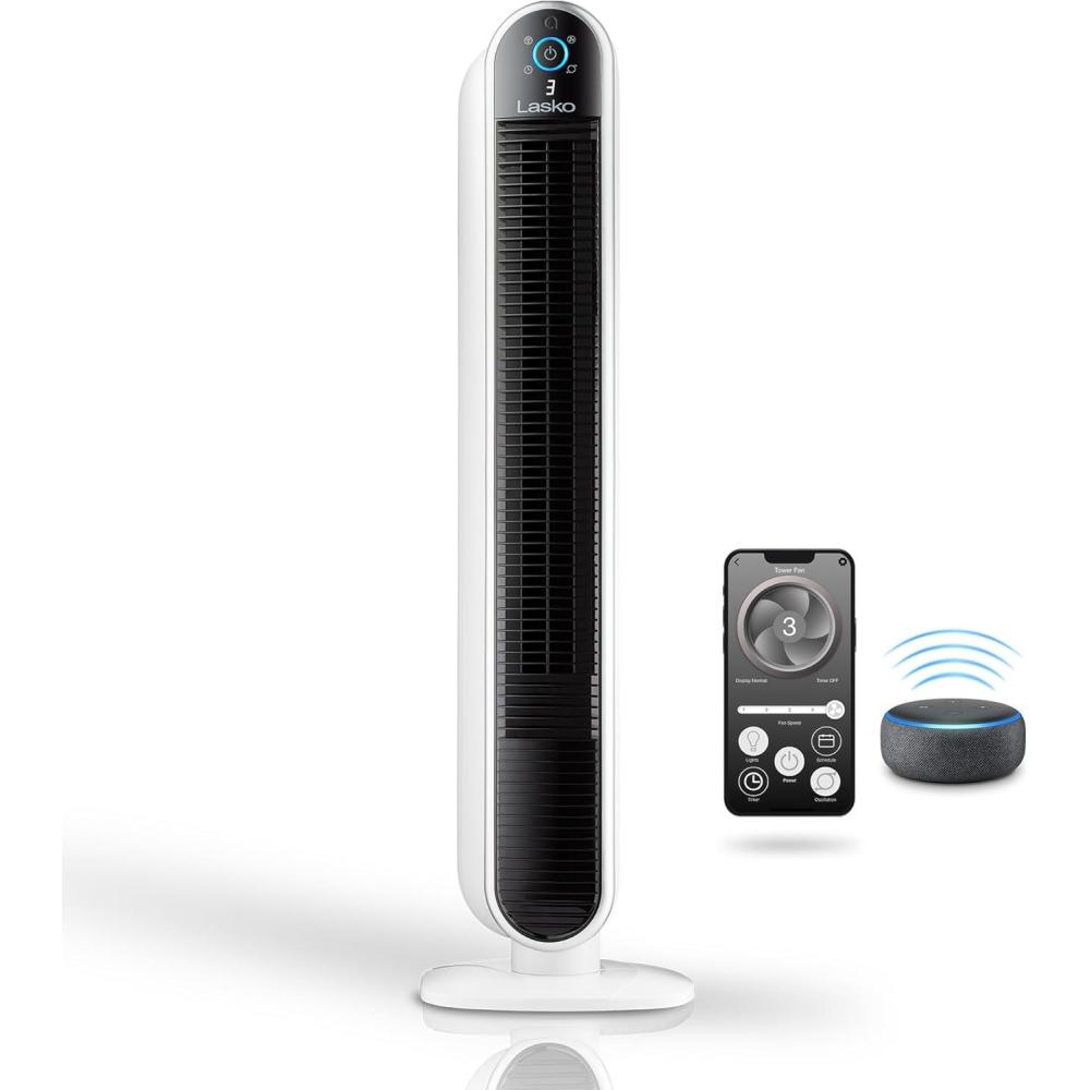 image:imageLasko Smart Oscillating Tower Fan Powered by Aria WiFi Connected Voice Controlled Compatible with Alexa and Google Assistant Timer 5Speeds 40 White T40735 Large