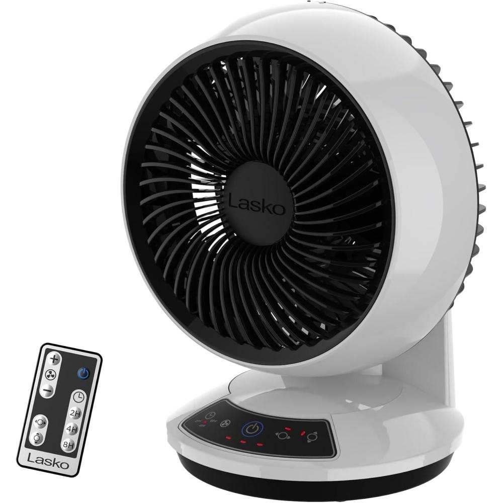 image:imageLasko Whirlwind Orbital Motion Air Circulator Table Fan 3 Speeds Timer Dark Mode Remote Control for Small and Medium Sized Rooms White A12557