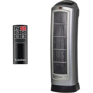 Lasko Portable Oscillating Indoor Electric Ceramic Tower Space Heater with Tip-Over Safety Switch, Overheat Protection, Timer and Remote Control, Safe for Home, 22.5 Inches,1500W, 751321, Black(Silver)