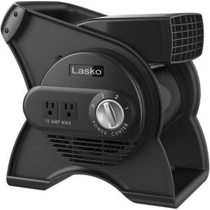 Lasko Portable Utility Fan, 12” 289 CFM Pivoting High Velocity Air Mover Blower Fan, 3 Speeds, 2 Accessory Outlets 120V, Black, U12104(Classic)